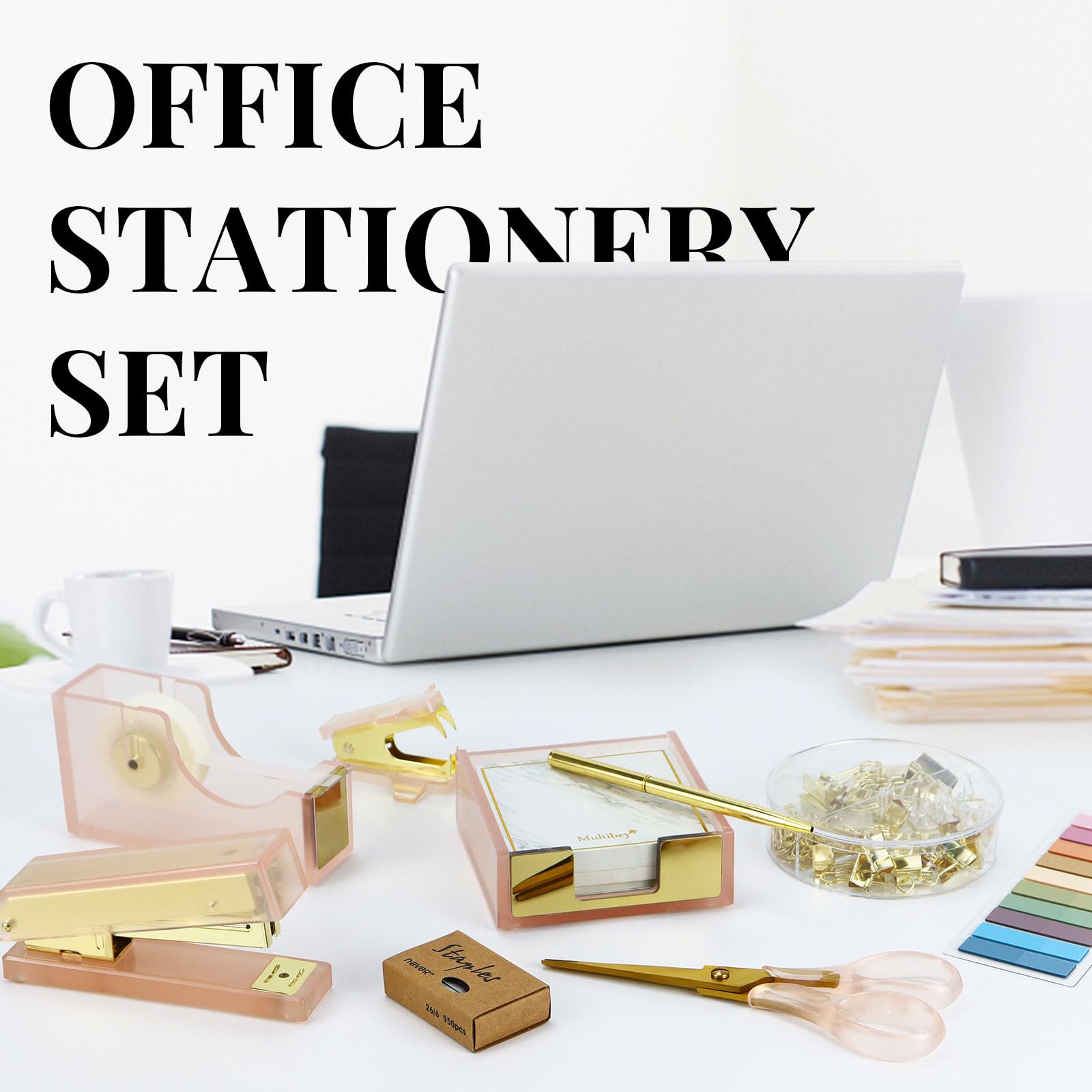MultiBey Set di graffette adesive in acrilico rosa e oro, pinzatrice e dispenser di nastro adesivo con note adesive, 950 graffette e nastro, levapunti, forbici, penna a sfera, graffette, set per