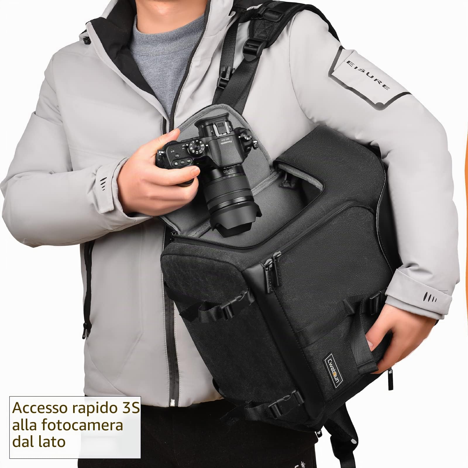 Cwatcun zaino fotocamera borsa in tela per reflex mirrorless Canon Nikon Sony Pentax obiettivo impermeabile fotocamera reflex con 15.6'' scomparto per computer portatile e cinghia treppiede,Nero