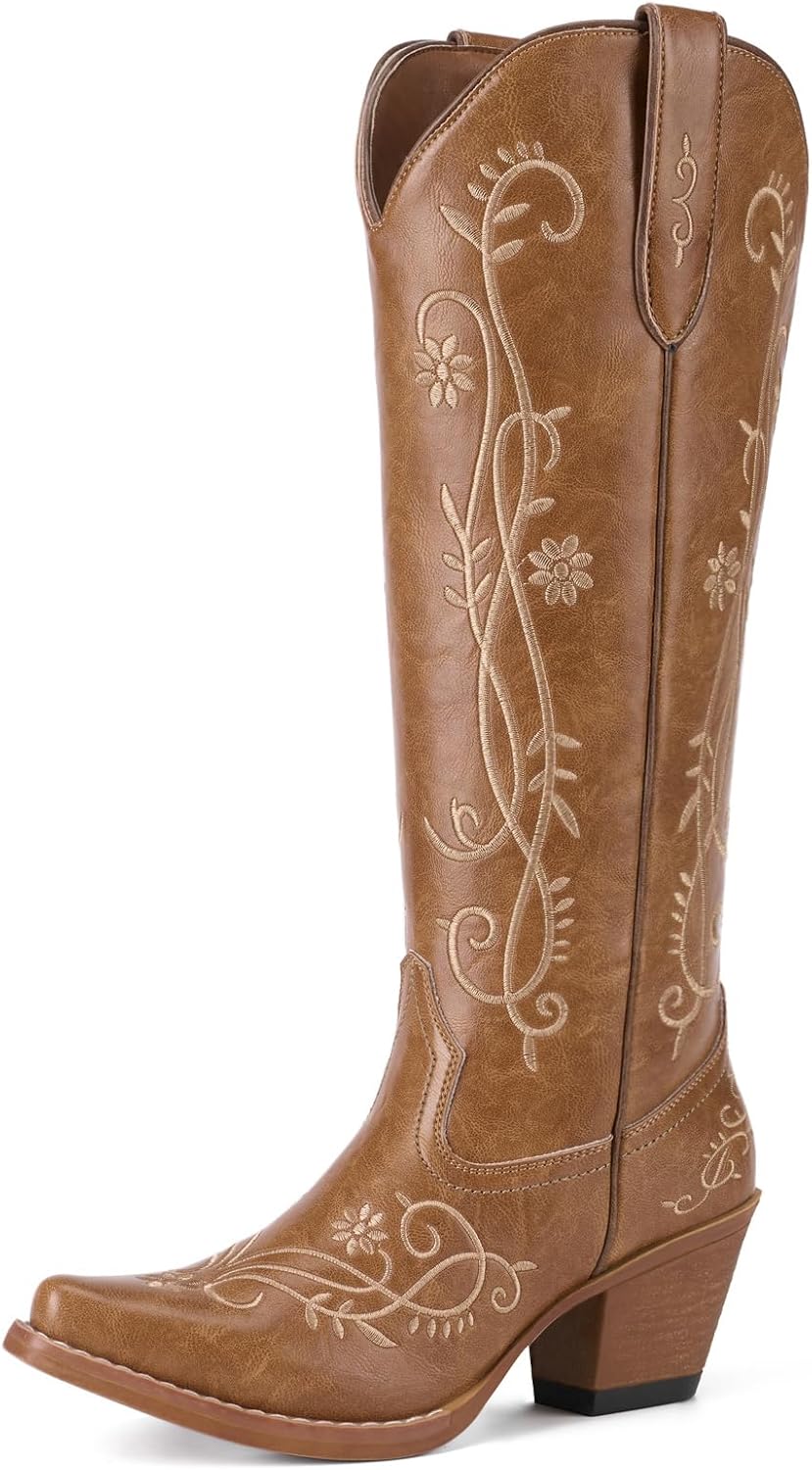 Rollda Cowboy Boots for Women, Knee High Cowgirl Boots, Ladies Tall Western Boots, Retro Vintage Cowgirl Boots with Side Zipper Snip Toe Chunky Heel