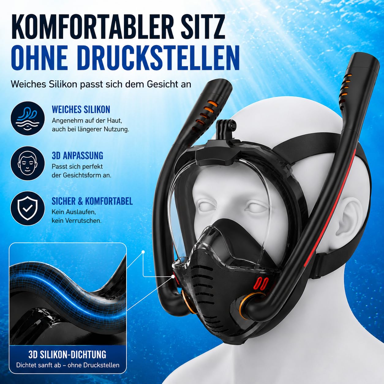 Schnorchelmaske Erwachsene, Tauch-Vollmaske mit Doppelatmungsrohren, Anti-Beschlag 180° Schwimmmaske, Silikonmaske für Schnorcheln Tauchen, Brillenträger tauglich