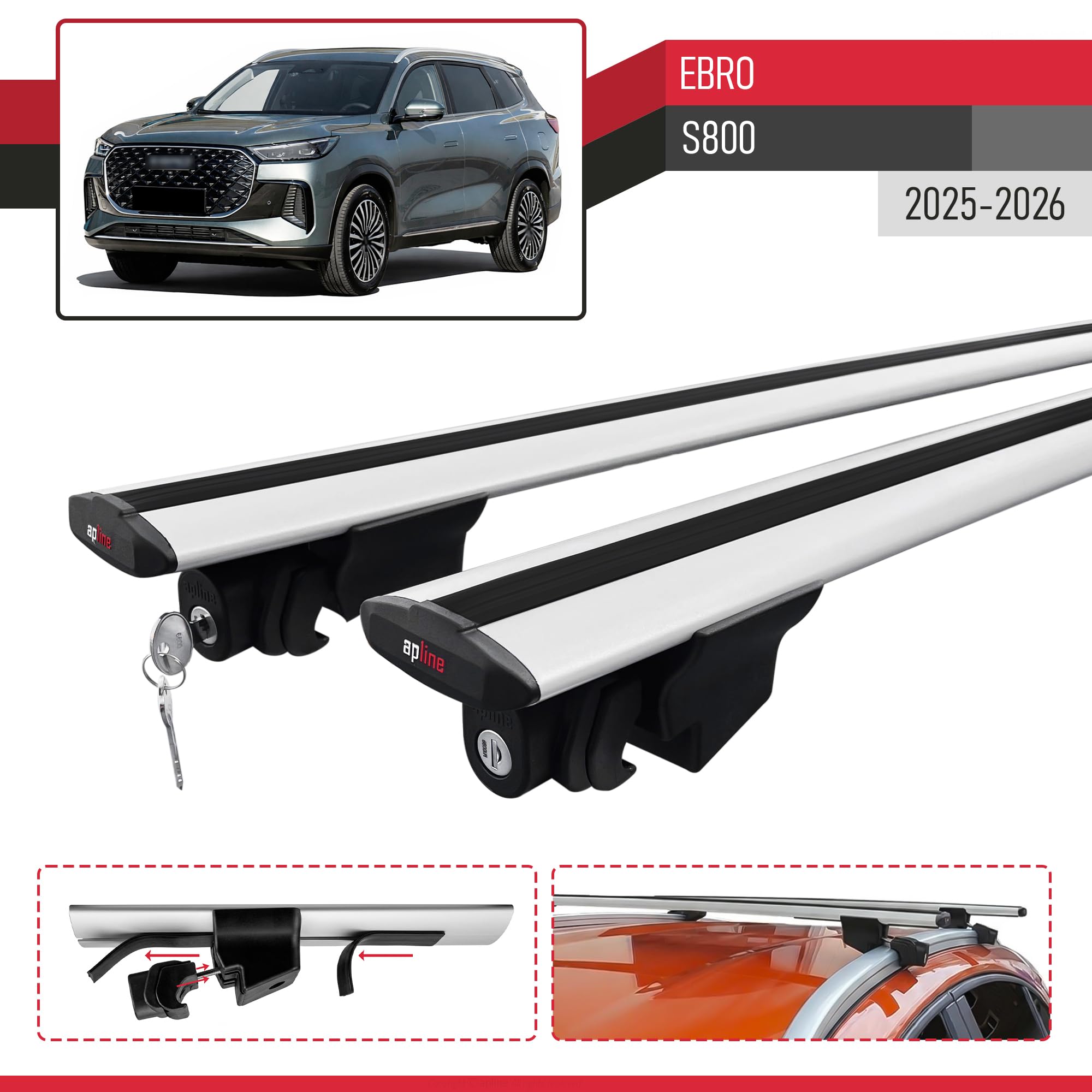 Compatible con Ebro S800 2025-2026 Modelo Hook Barra de Techo Auto Portaequipajes Barras Transversales Gris Aluminio 2 Barras