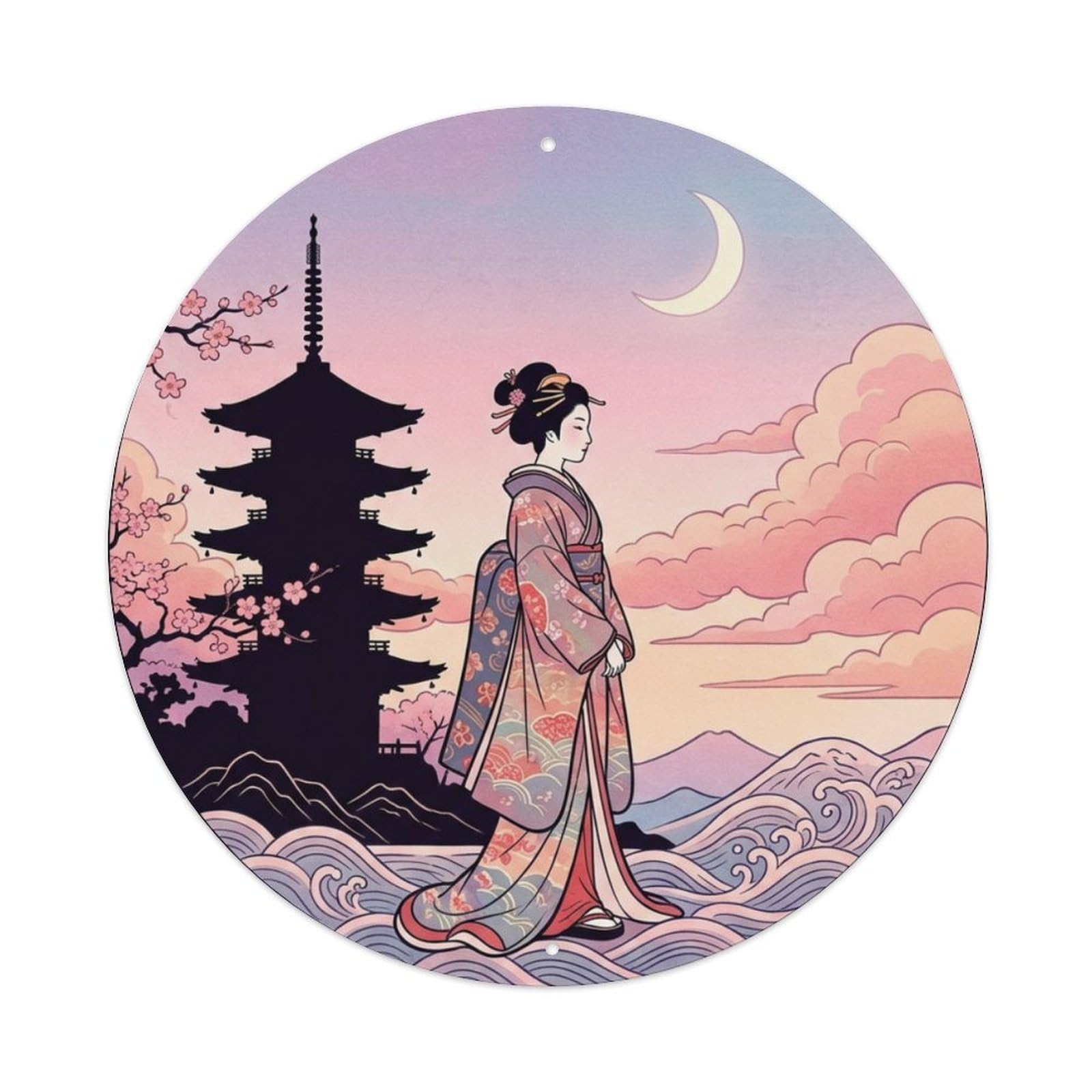 Cwbufd Vintage Style Japanese Geisha Dawn Pagoda Pink Sky Timeless Vintage Metal Tin Sign Plaque Wall Decor For Cafe, Club Bar, Office, Garden Metal Poster 8X8inch