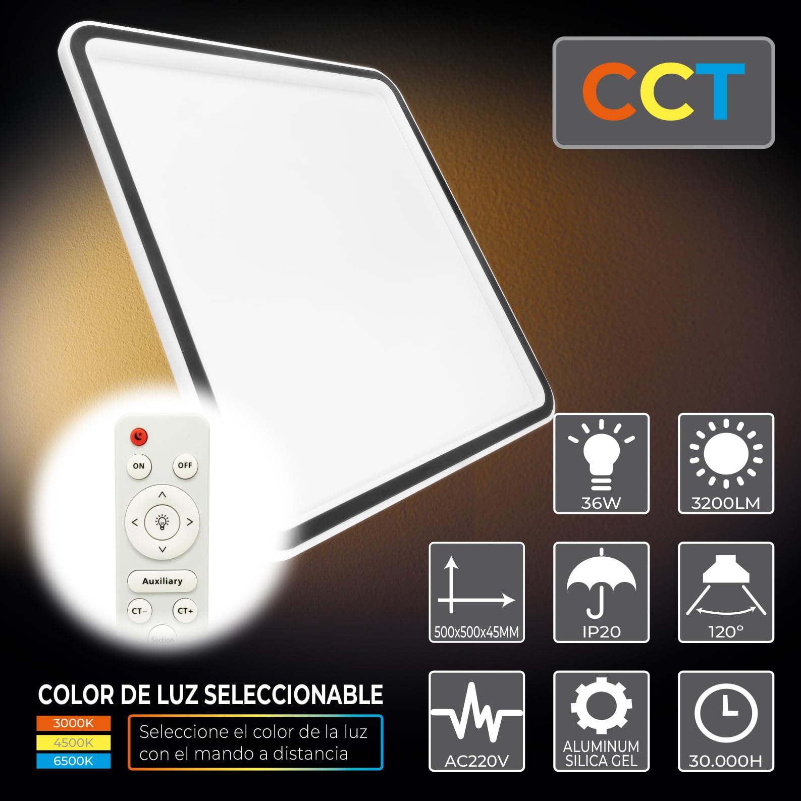 LED ATOMANT 2x Plafon LED Negro Marco Luz Indirecta 50x50cm 36W CCT | Con Selector de color CCT, Mando a distancia