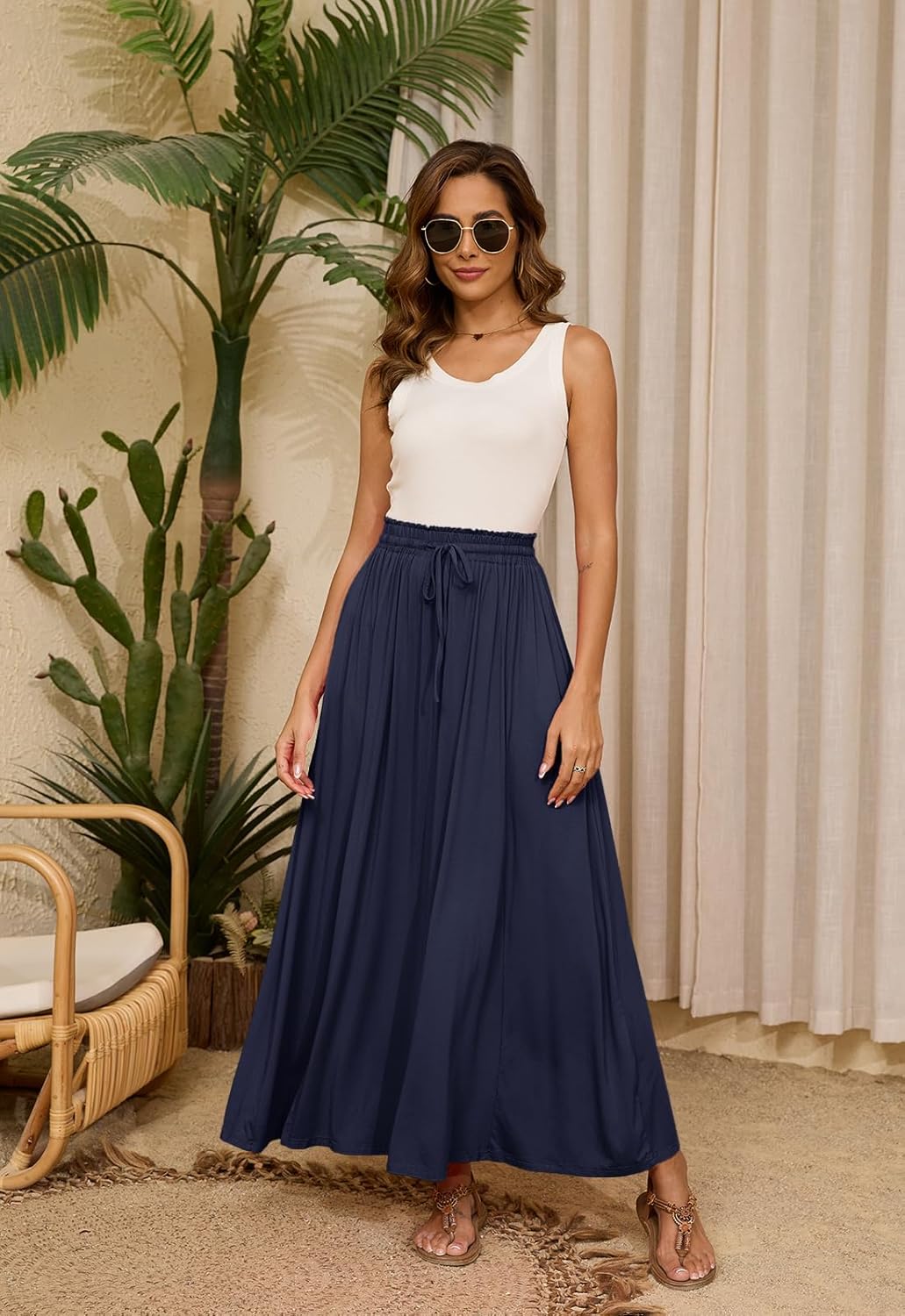 Women’s Maxi High Elastic Waisted Skirt Flowy A-Line Split Hem Beach Long Skirts for Women with Pockets - Image 4