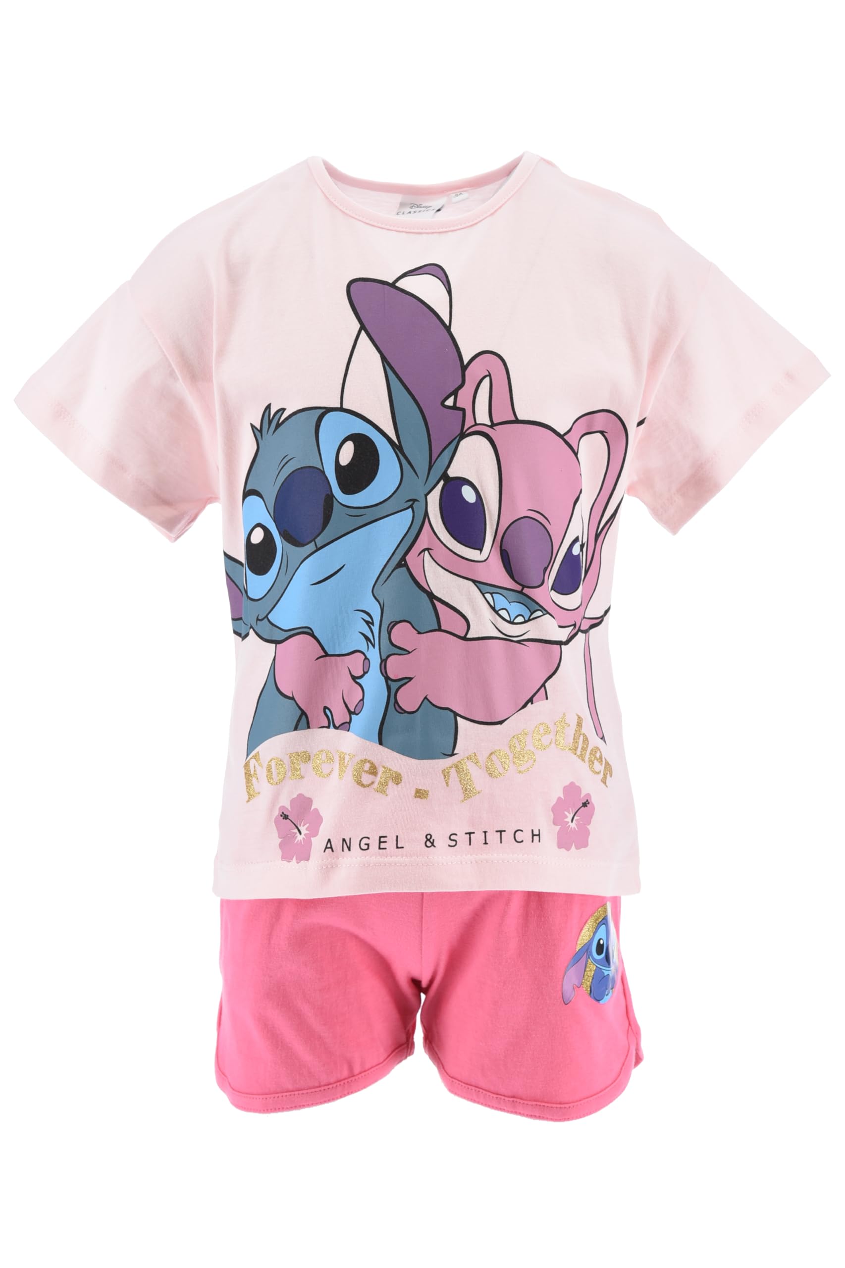 Disney Stitch Camiseta y Pantalón Corto para Niña, Pijama Algodón Suave, Forever Together' Stitch y Angel Conjunto 2 Piezas Verano, Tallas 6 a 12 Años