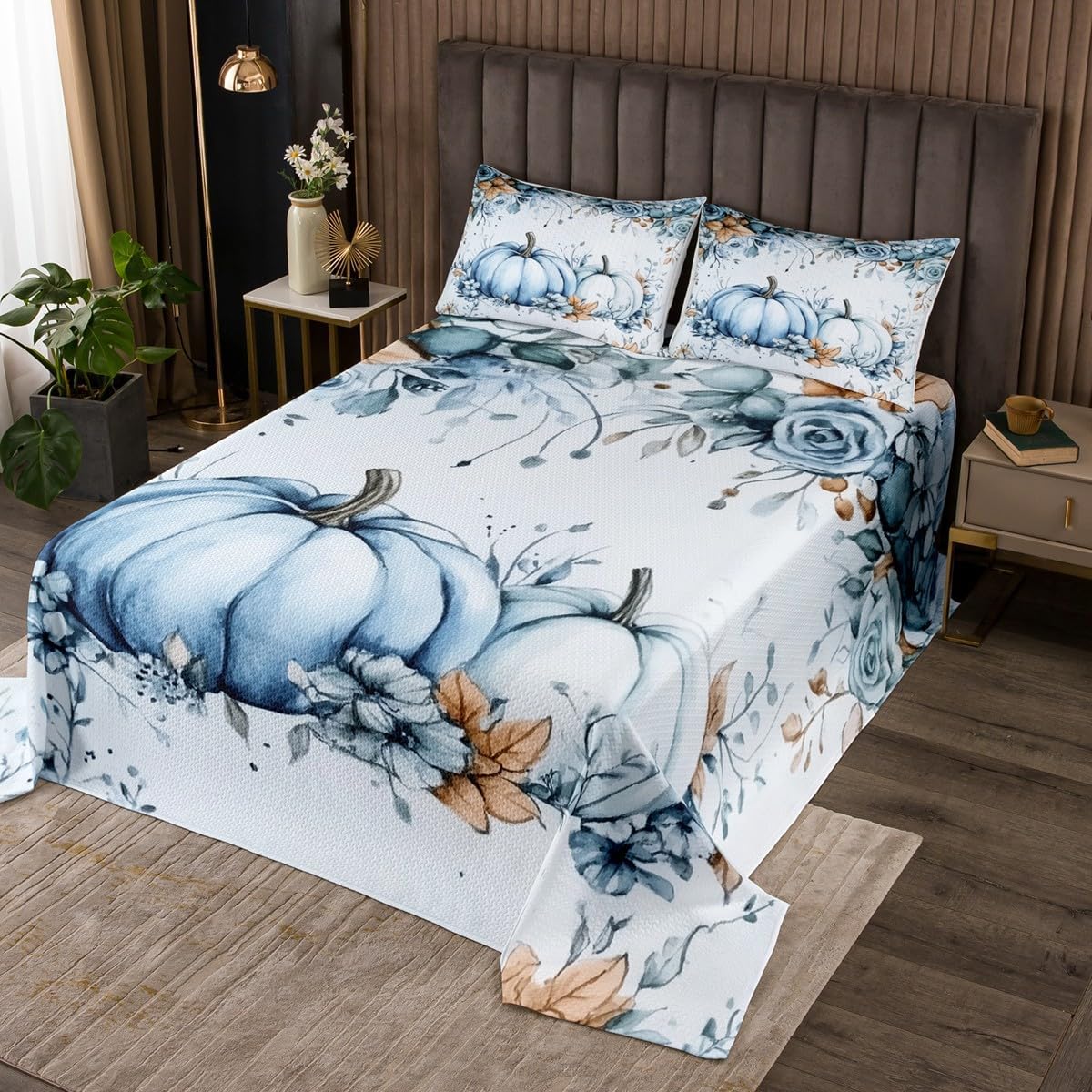 Erosebridal Fall Blue Pumpkin Quilt Set Twin Watercolor Maple Eucalyptus Leaves Coverlet Set Autumn Thanksgiving Bedspread Set for Kids Adults,Rustic Farmhouse Style Bedding Set Room Decor