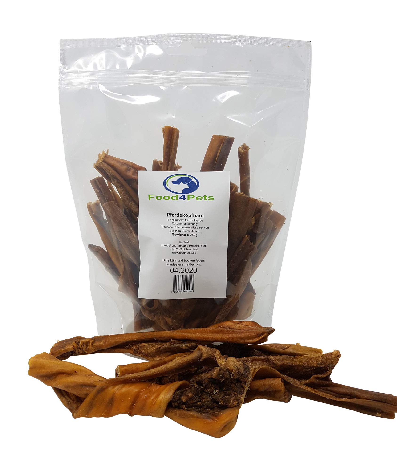 Food4Pets Pferdekopfhaut für Hunde 250g – 100% Pferdehaut, Monoprotein, getreidefrei, ohne Zusätze – Langer Kauspaß, unterstützt Zahnpflege – ideal für Sensible Hunde – wiederverschließbarer Beutel