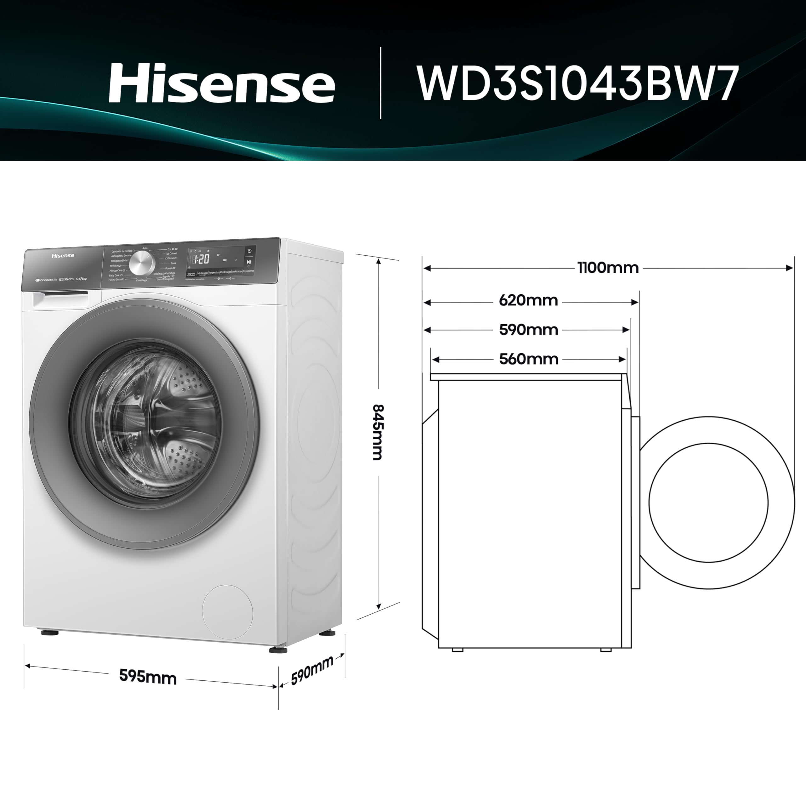 Hisense WD3S1043BW7 Lavasciuga 10,5 + 6 Kg, 1400 Rpm, 19 Programmi Automatici, Vapore, Motore Inverter, Classe Energetica A-20%/D, Display Led, Grigio, WiFi