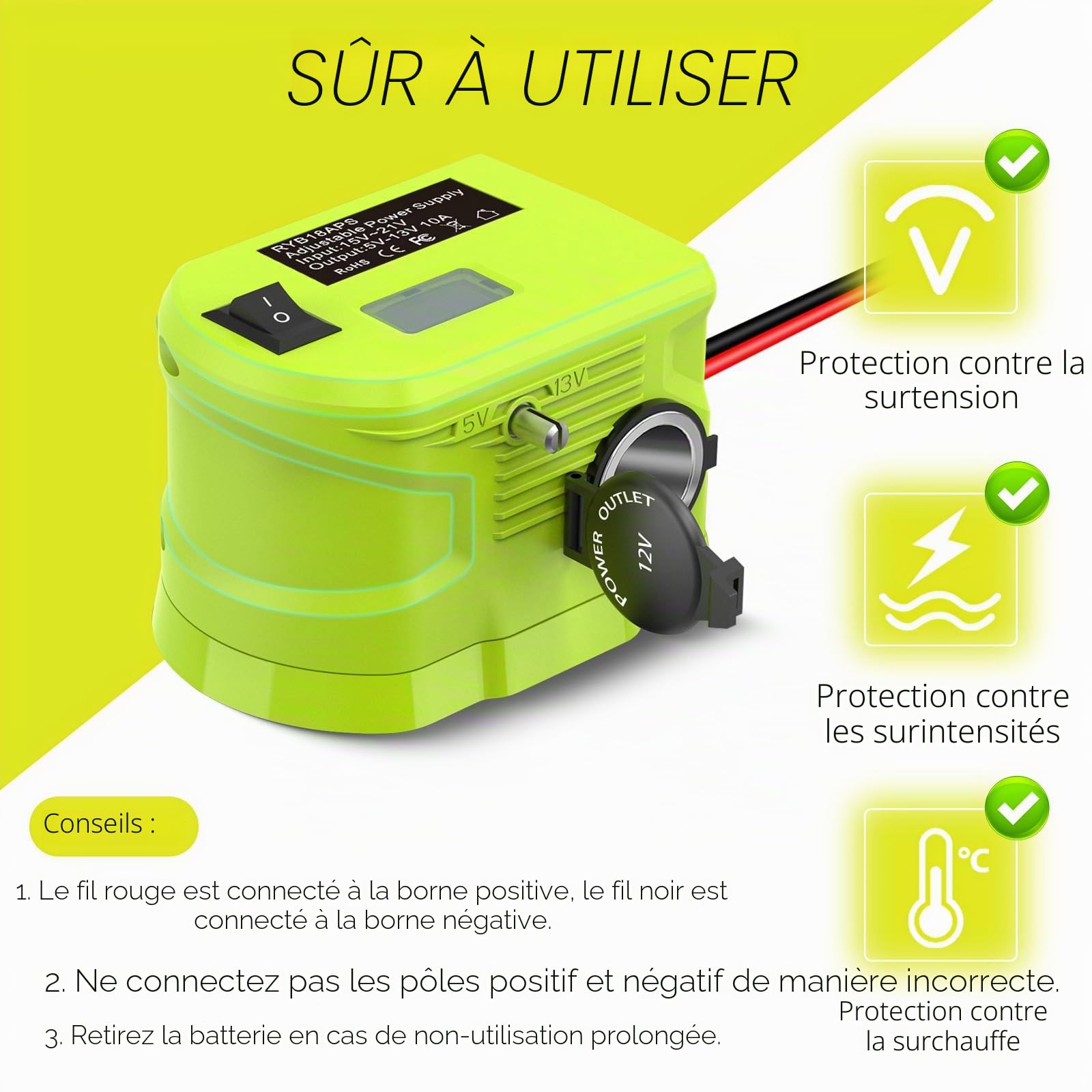 Adaptateur abaisseur pour batterie Ryobi, convertisseur régulateur de tension de 18 V à 12 V de 18 V à 5 V-13 V, avec fil 16 AWG, borne de connexion, prise allume-cigare