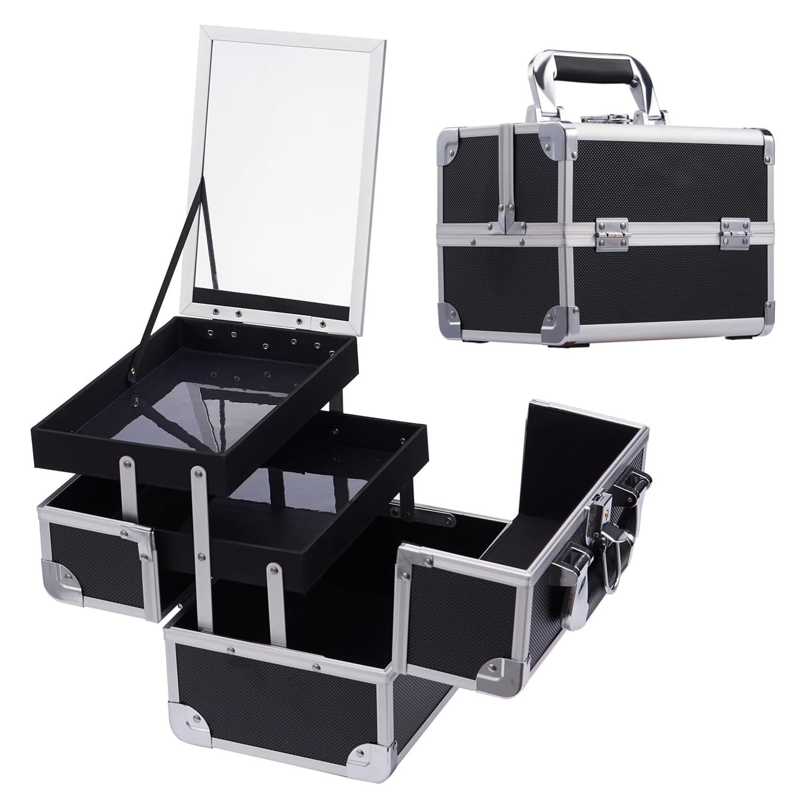 Vanity Case Luggage Cosmetic Cases Makeup Organiser Box Make up Box Makeup Case Vanity Box with Mirror Lockable with Keys, Black