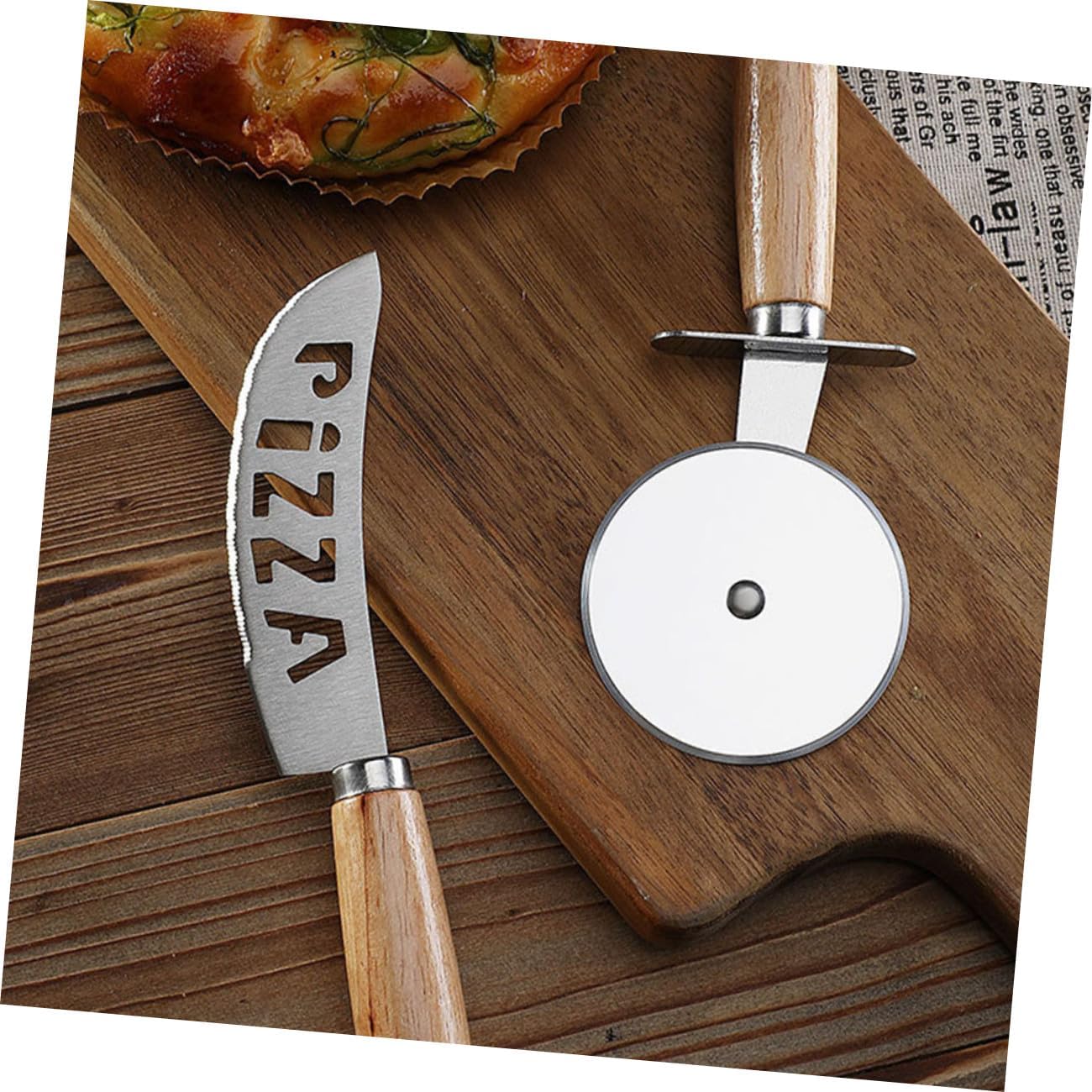 Pizza Roller Wheel Cutter with Wooden Handle 2pcs Stainless Steel