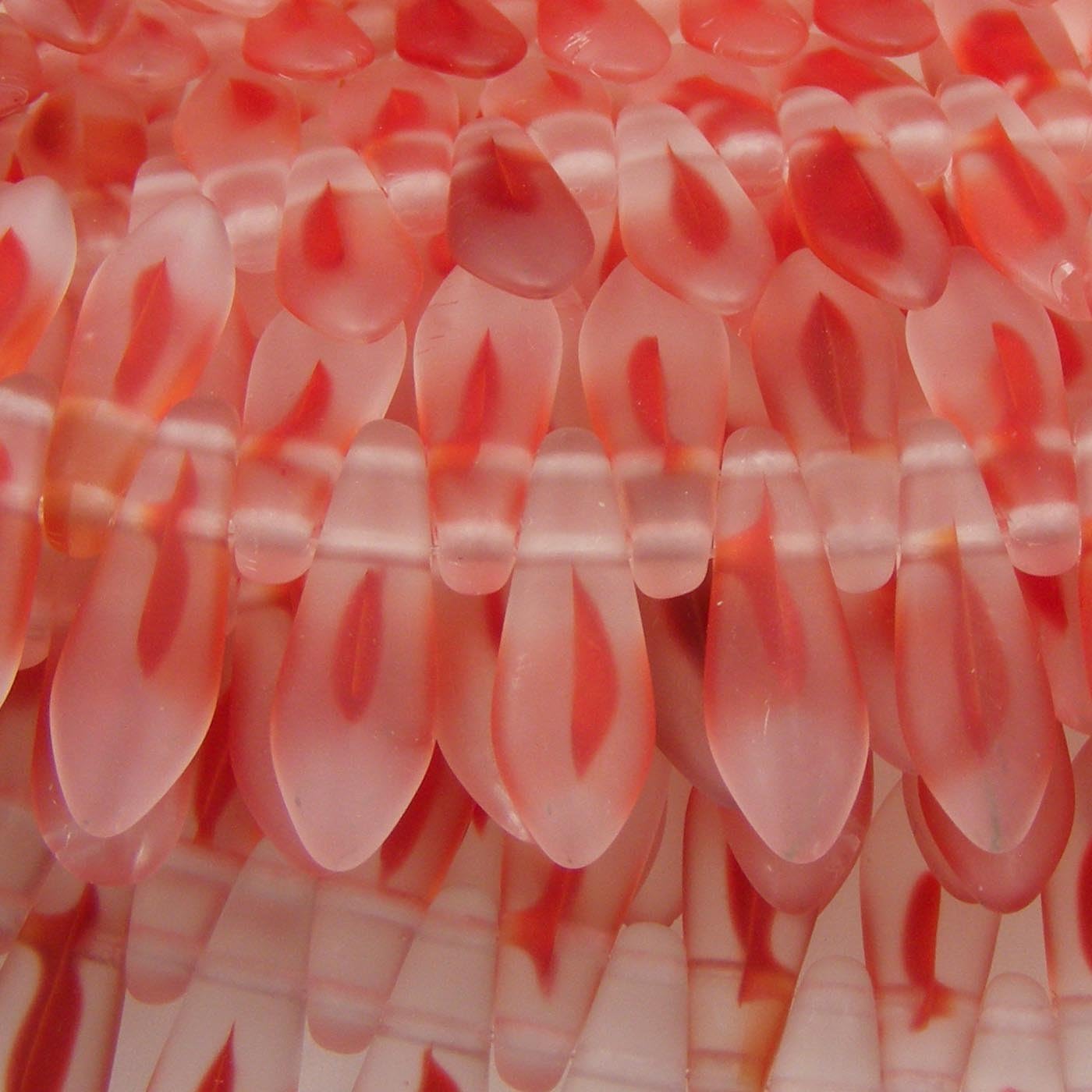 16mm X 5mm X 3mm Dagger Glass Czech Two Hole Bead - Matte Crystal/Red (25 Beads).