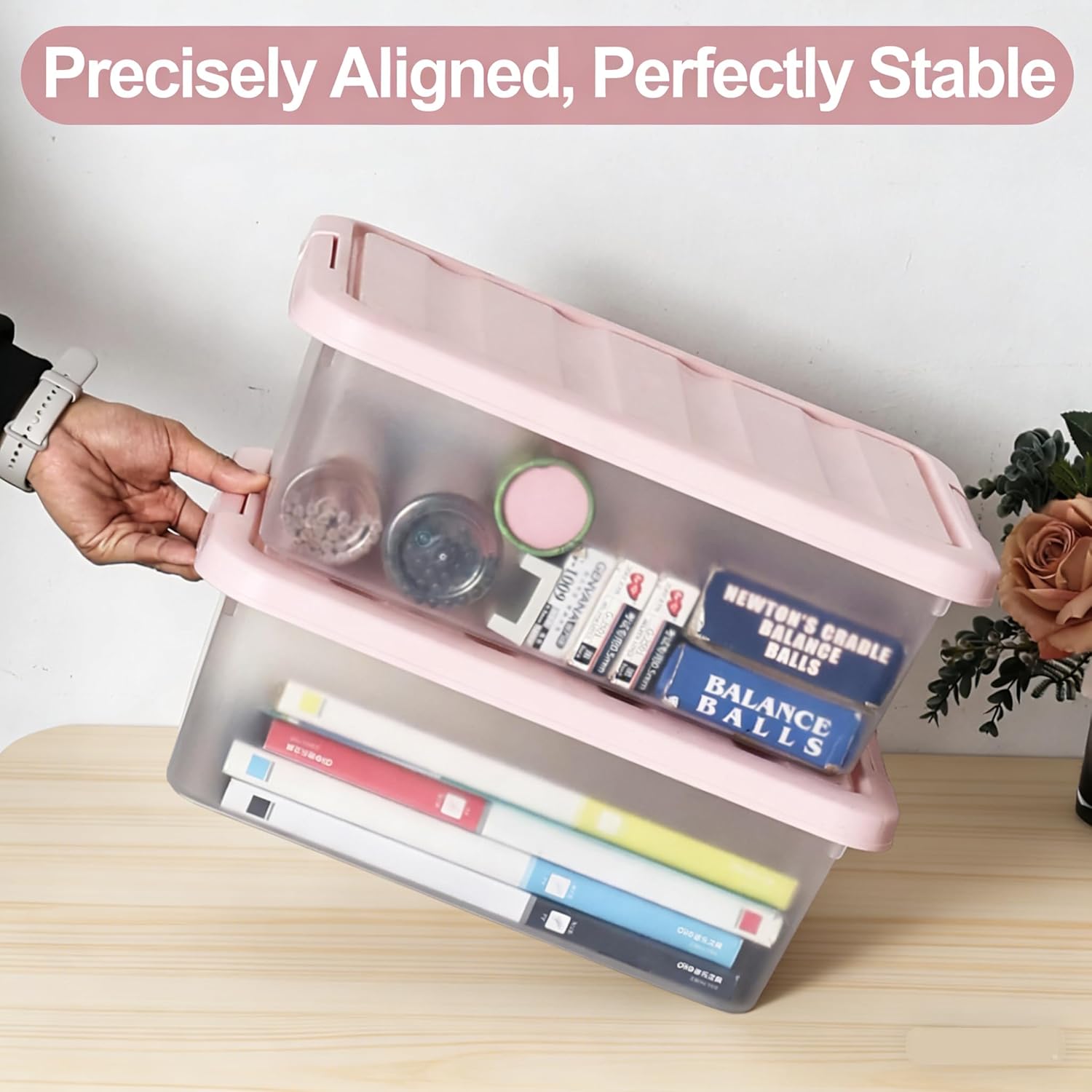 Zopnny 2-Pack Snaplock Clear Plastic Storage Organizer Bins w/Lids, 14 Quart, Pink Lid, Stackable Container Boxes for Bedroom, Bathroom, Garage, and Office Organization