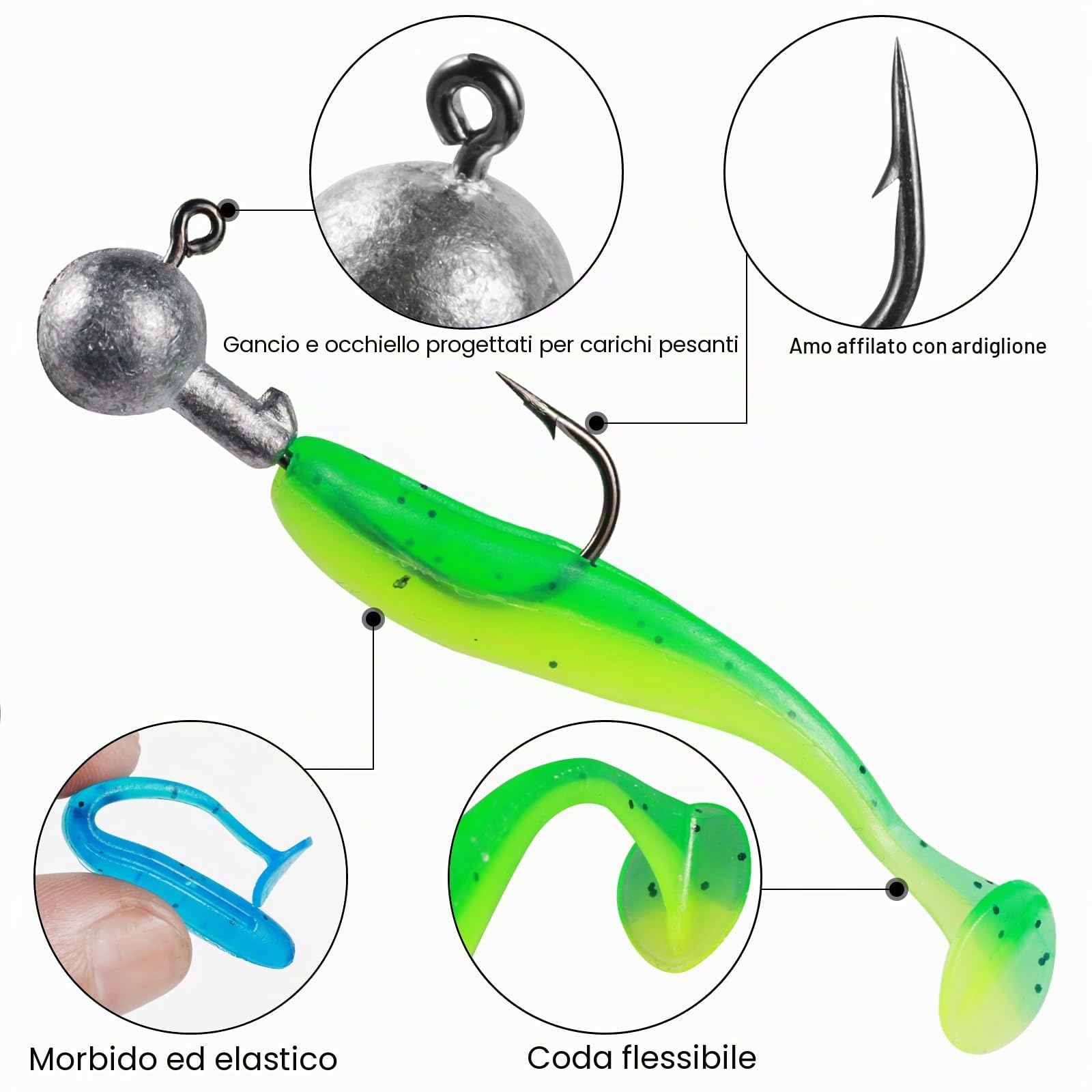 58 Pz / 6 Dimensioni Teste di Jig con esche di gomma 10g/7g/5g/3,5g/1,8g/1g Ganci da pesca con palline di piombo rotonde Esche morbide realistiche bicolori per acqua dolce salata per persico