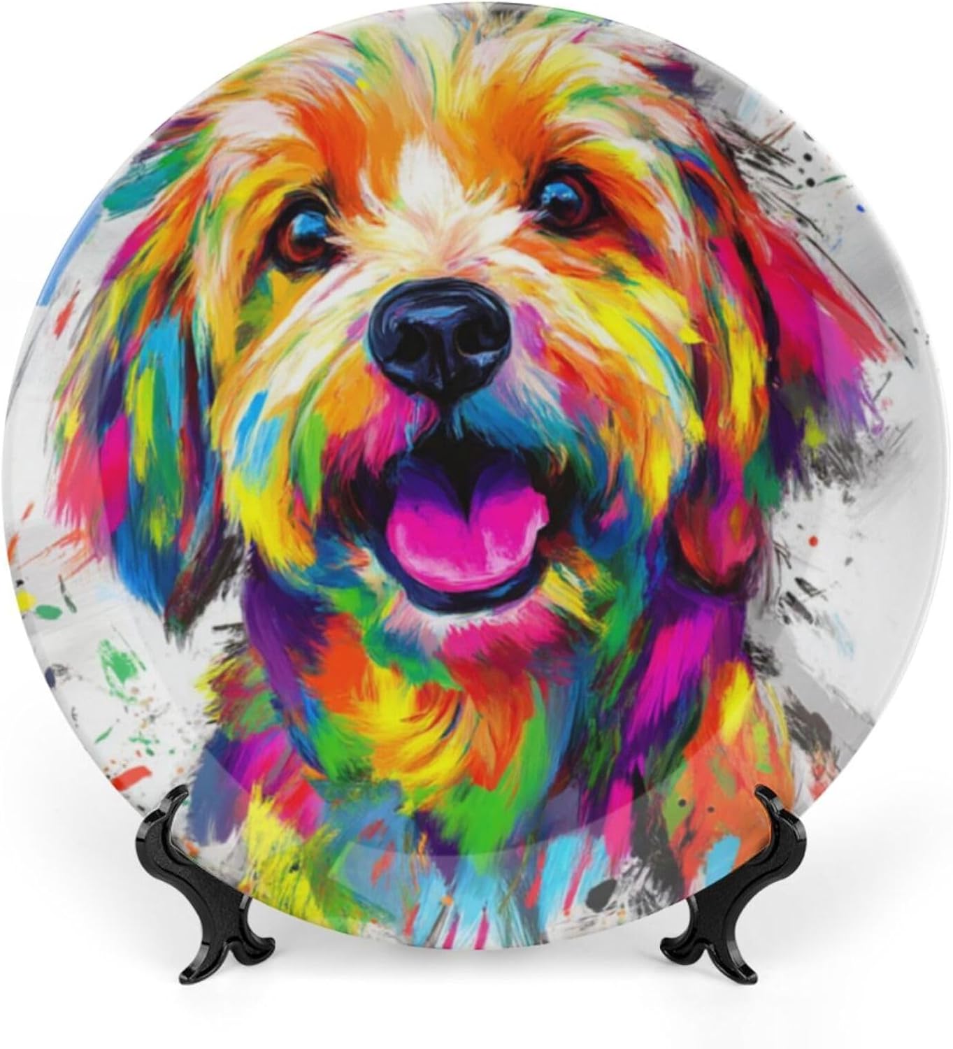 Dog Theme Decorative Ceramic Plate Round Porcelain Plate,7 inch,Rainbow Pets Pattern,for Decorative Ornaments Giving Plates,1 Plate with 1 Display Stand,Multicolor