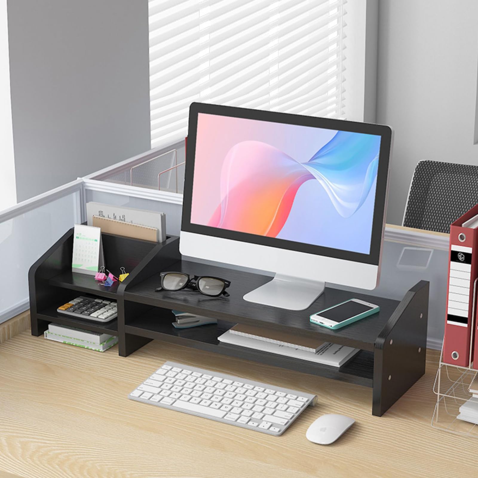 Catekro Monitor Stand Riser, 2 Tiers Wood Monitor Riser Stand with Storage Organizer, Multi-Purpose Desktop Organizer Riser for Computer,Laptop,Printer(Black)