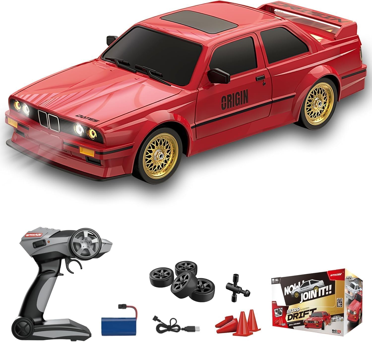 Remote Controlled Car 1/16 Scale RC Drift Car 2.4GHz 4WD High Speed 30+km/h Classic Vehicle with LED Lights Drifting Tires Racing Vehicle Toys Gifts for Adults Boys, Batteries Multicolor-image-44