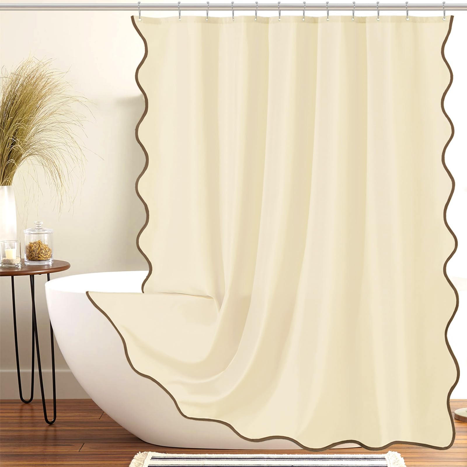 ORTIGIA Beige Shower Curtain with Brown Scalloped Edge, Farmhouse Neutral Cream Aesthetic Boho Shower Curtains Waterproof Fabric Bath Bathroom Decor