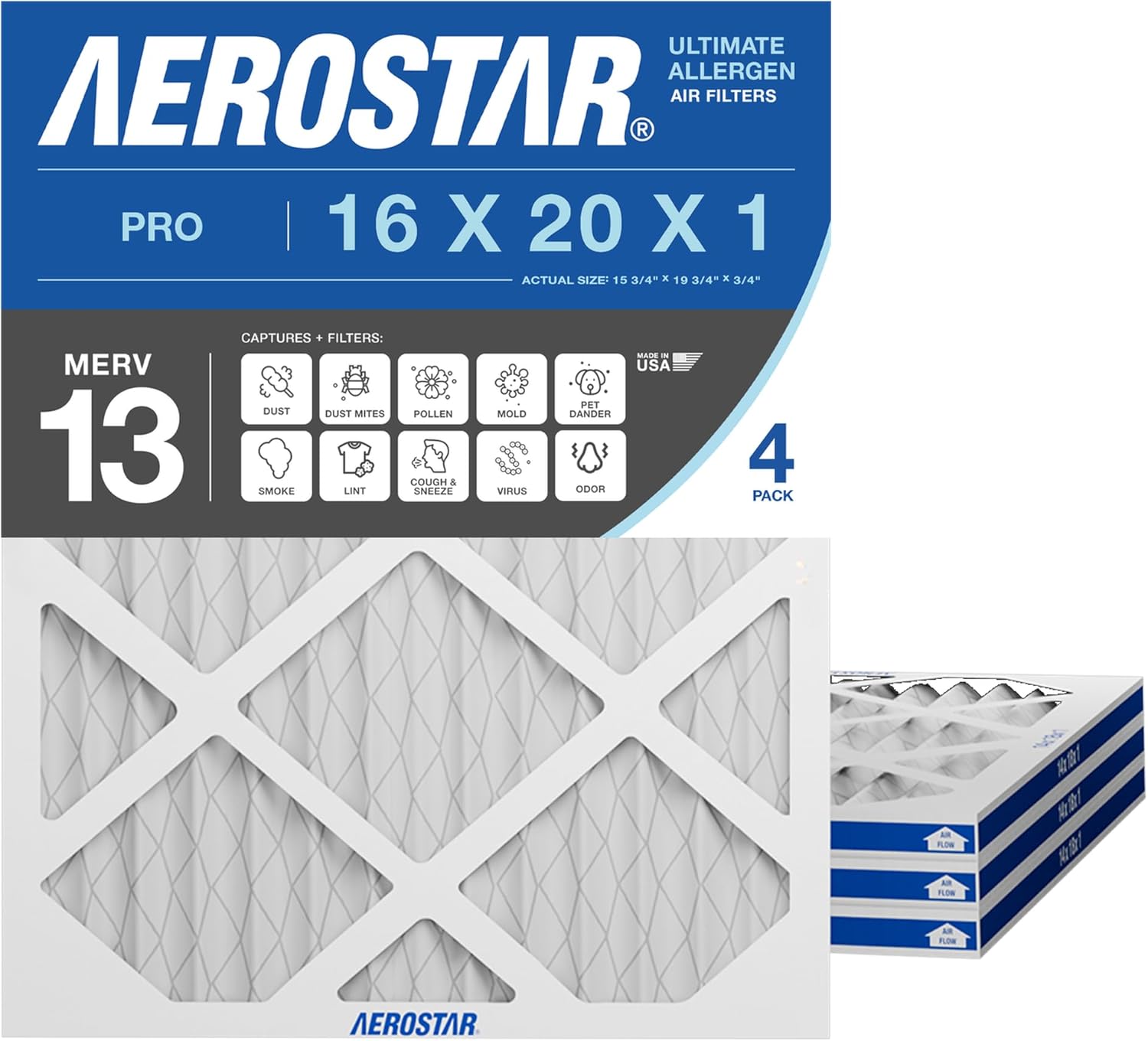 Aerostar 16x20x1 MERV 13 Pleated Air Filter, Allergen and Bacteria Defense (4 Pack), Actual Size: 15.75x19.75x0.75