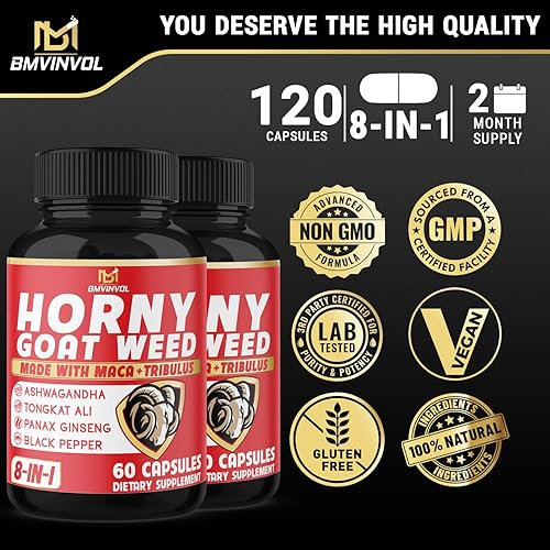 Miniatura 7 de BMVINVOL Cápsulas de malezas de cabra cachonda con maca, tribulus, ginseng. Ashwagandha, Tongkat Ali, 8 en 1 para apoyar los niveles de energía