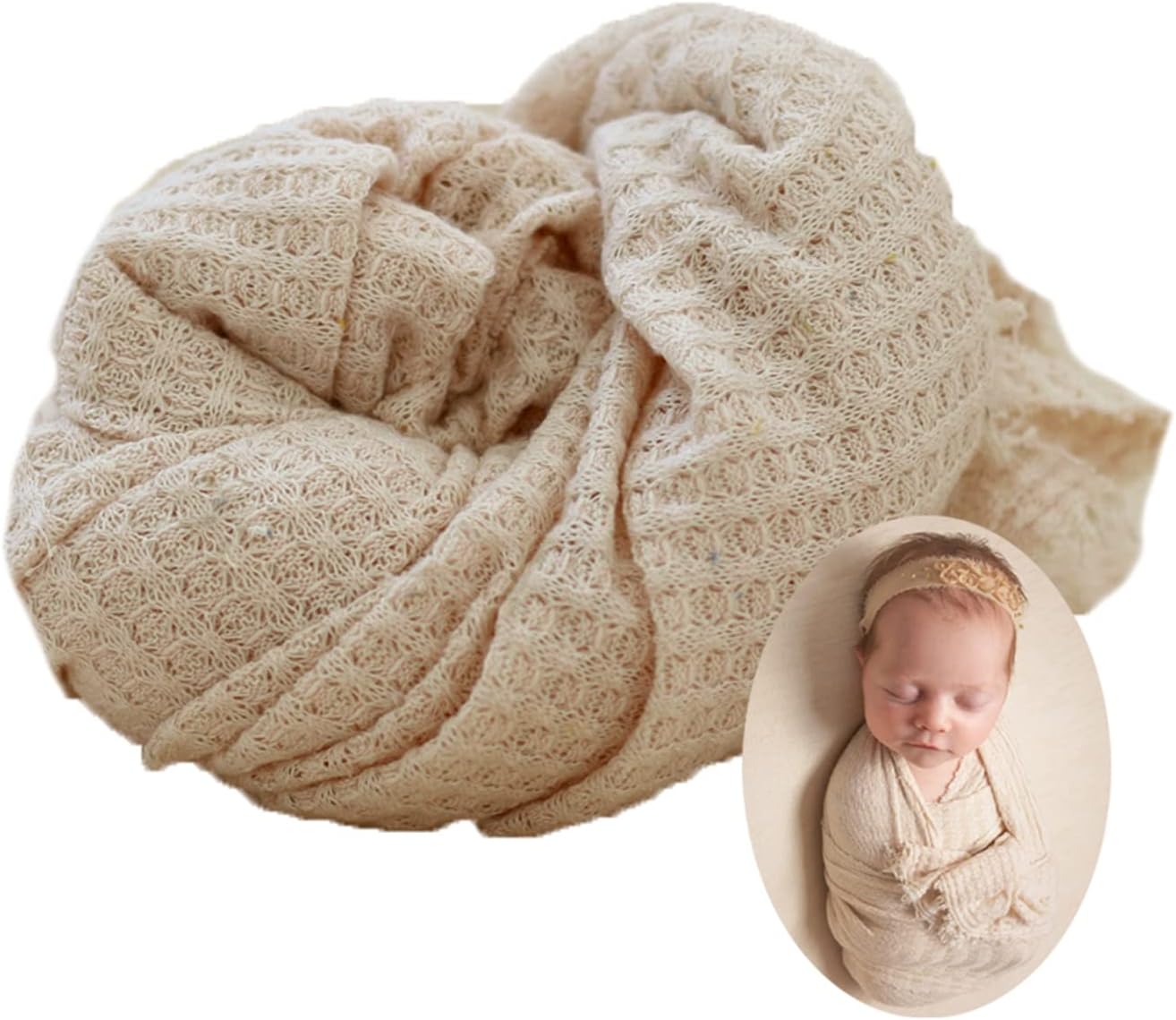 Newborn Photography Props Wraps Baby Photoshoot Infant Photo Posing Texture Knit Fringed Waffle Sweater (Beige-Wrap)