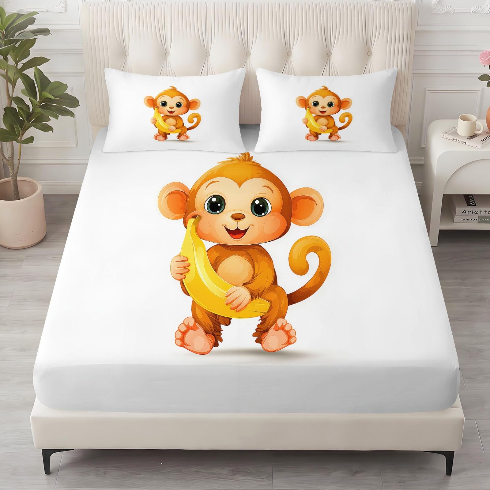 3-częściowy zestaw prześcieradła z gumką 180 x 200 cm – kreskówka zwierzęta, małpa, banan, prześcieradło z gumką z mikrofibry, miękkie, przytulne prześcieradło na łóżko podwójne z 2 poszewkami na