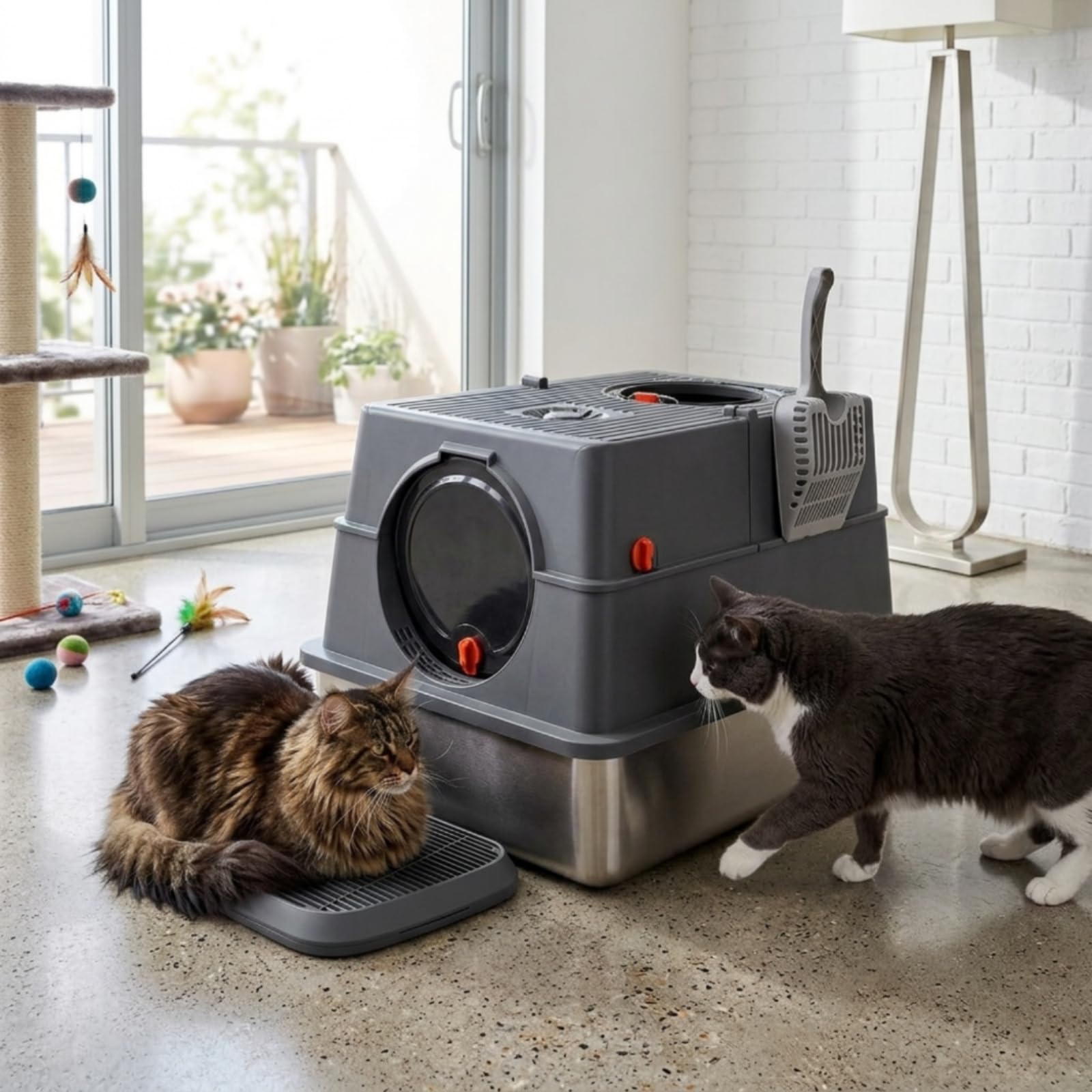 Caja de Arena para Gatos Contenedor Cerrado Arenero Bandeja en Acero Inoxidable con Dos Accesos y Superficie Estriada Reduce Rastros Incluye Removedor, Negro Grafito