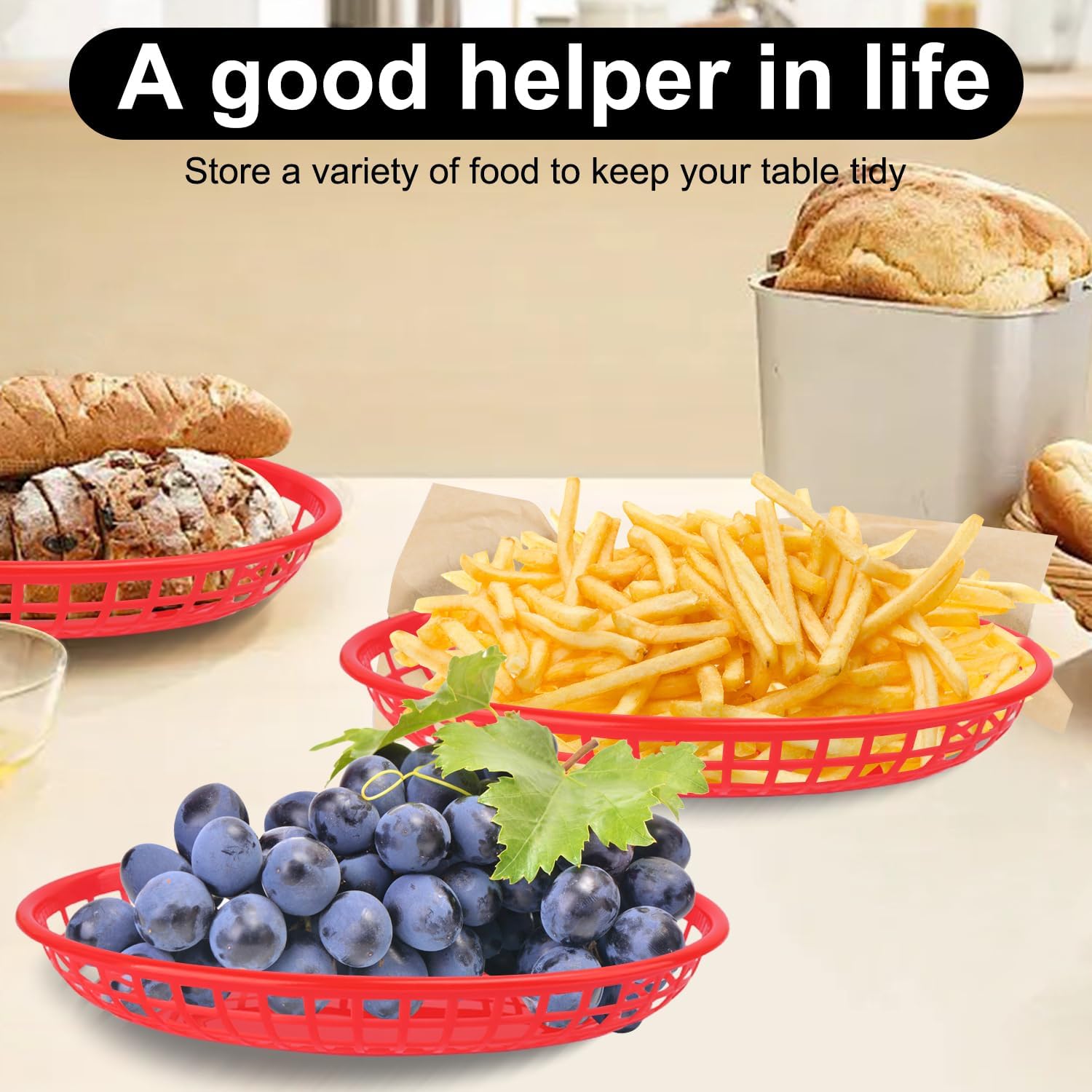 100 Pcs 9 x 5.7 Inch Red Oval Fast Food Baskets, Sturdy Plastic Food Serving Baskets with 100 Sheets Deli Paper Liners for Parties, Picnics, BBQs and Snacks, by KUKLIPJIM