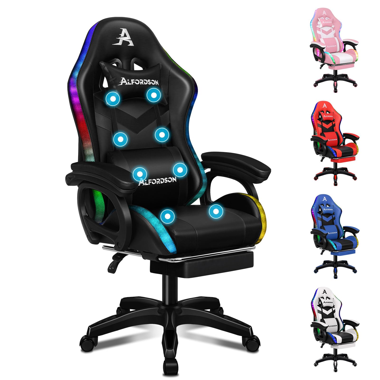 ALFORDSON Silla Gaming, Silla Gamer Racing con Iluminación LED RGB, Sillón Masajeador para Computadora con Reposapiés, Silla Giratoria Ergonómica con Respaldo Operado por Palanca, Negra
