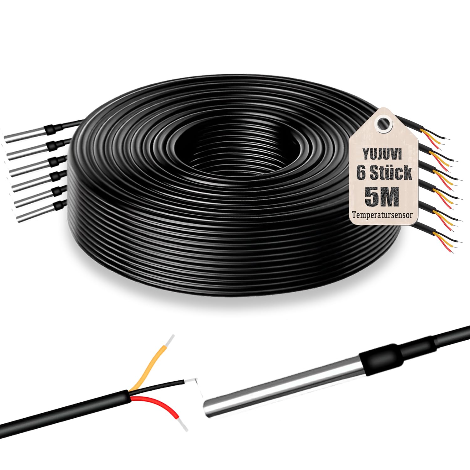Capteur de Température 5M Sonde Temperature 6 Pièces Sonde de Température Numérique Étanche en Acier Inoxydable Compatible avec Arduino et Raspberry Pi