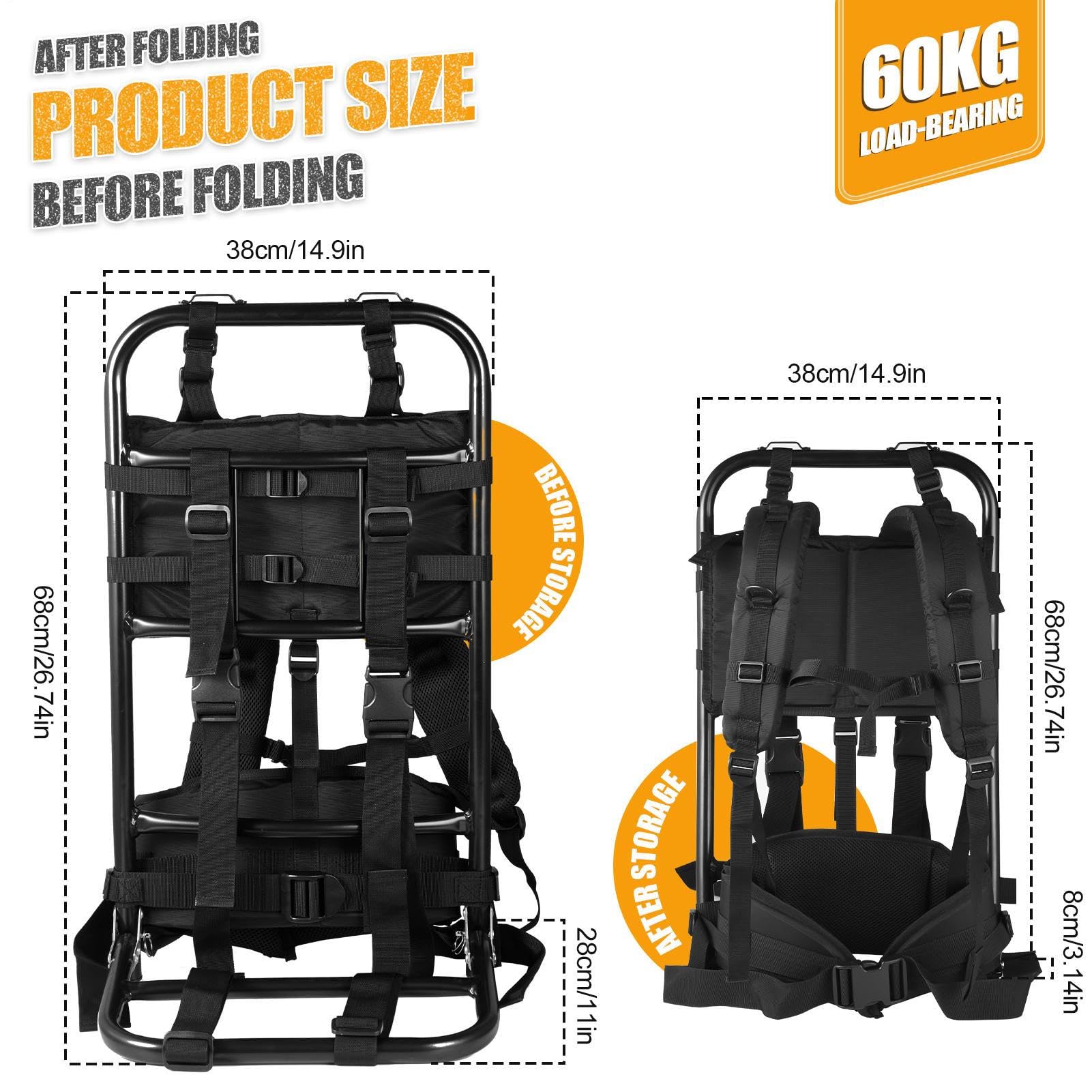 Pack Frame with Attachments - External Aluminum Frame Hiking Backpacks, rip-stop Nylon Fabric, Supports up to 132 lbs, Lightweight, portable and adjustable, for Camping, Hiking, Hunting (Black)
