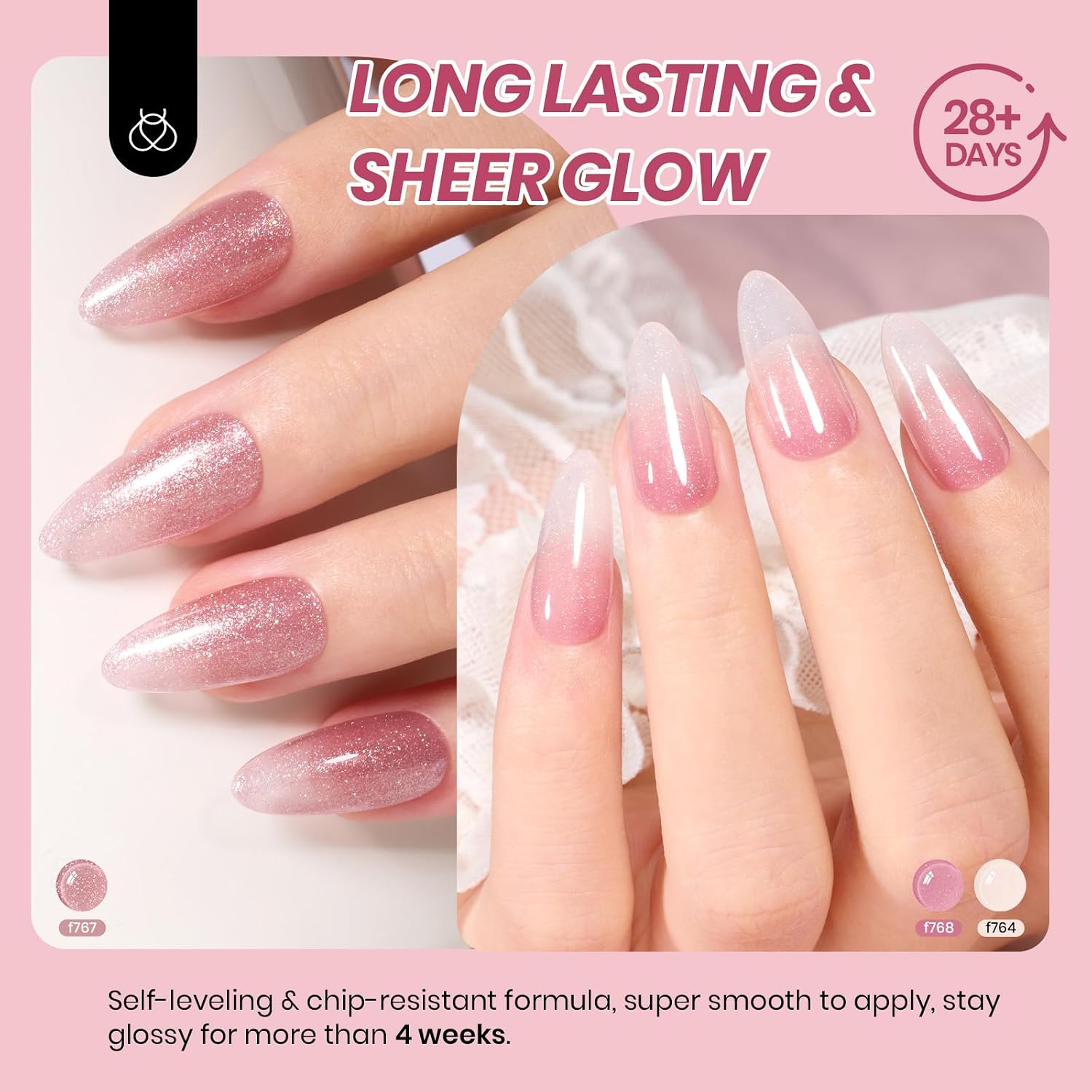 Beetles Pink Glitter Gel Nail Polish Set - 6 Colors Jelly Gel Polish Kit Shimmer Pink Neutral Gel Sheer Translucent Effect Soak off UV DIY Salon Manicure Gift for Women