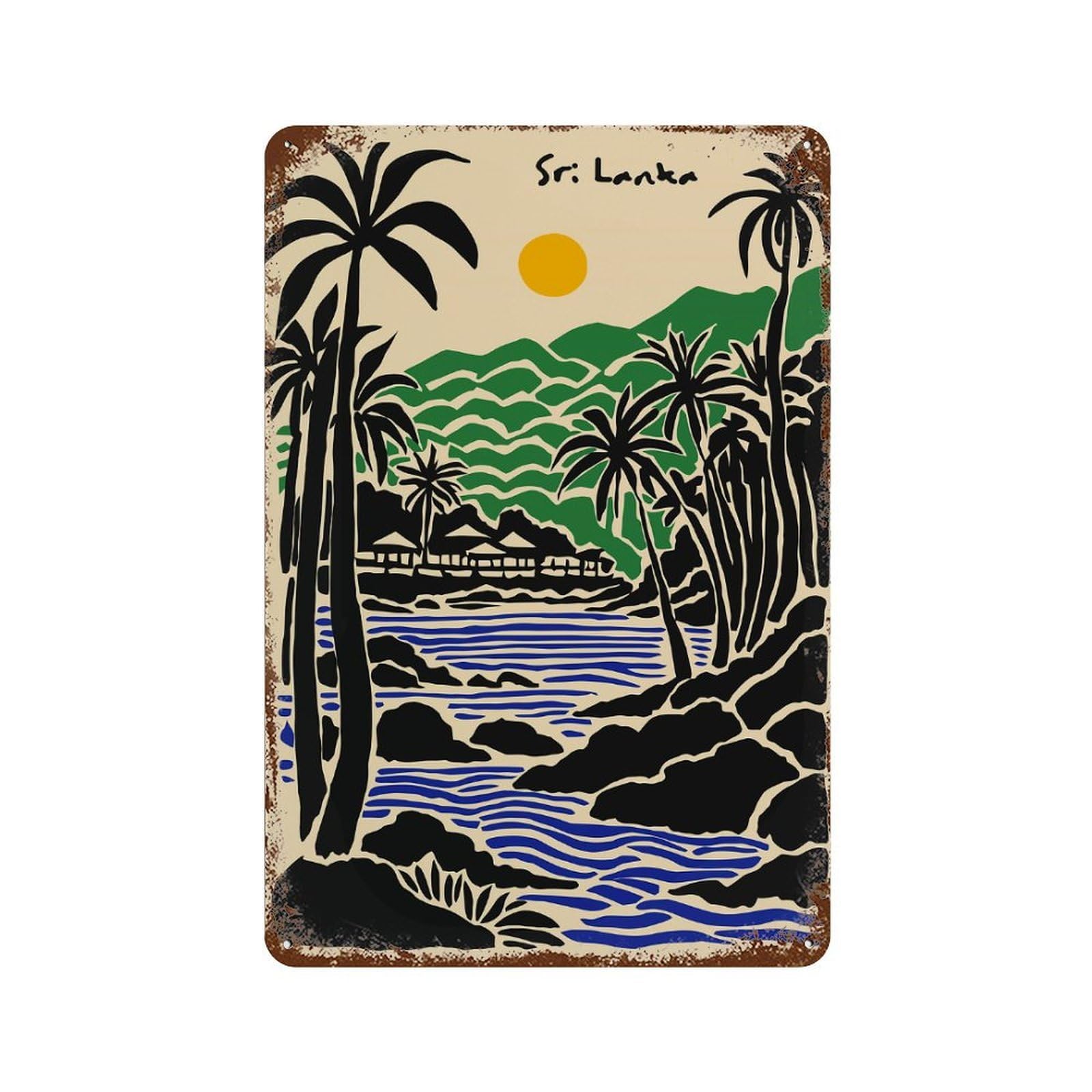 Sri Lanka Tropical Landscape Illustration Decorative Tin Sign 11.8"x7.9", Vintage Wall Decor for Basement, Hobby Room And Garage Decor
