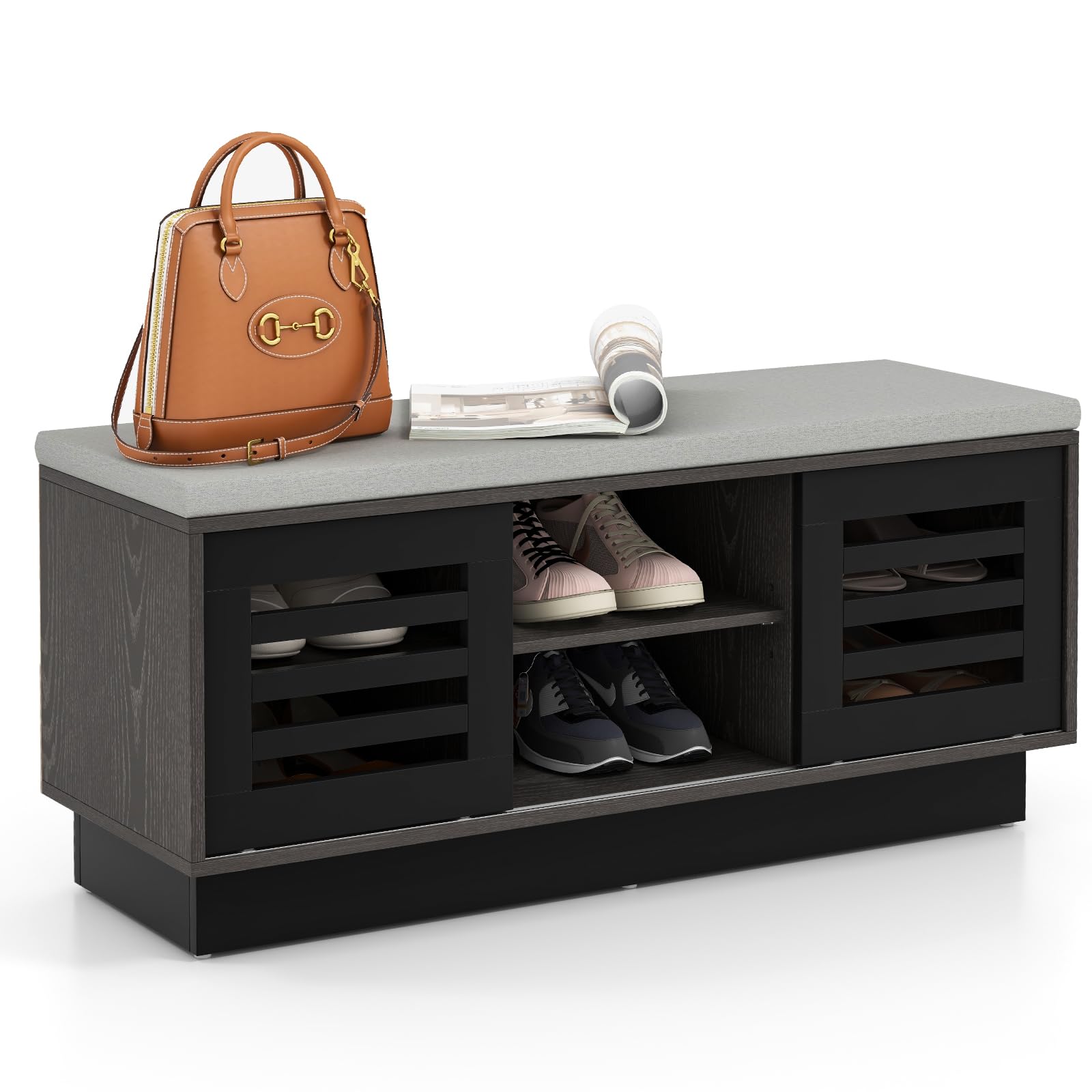 HOMASIS Panca Scarpiera con Cassetti, Portascarpe Ingresso con Seduta Imbottita, Scarpiera con 3 Ripiani Regolabili e 2 Ante Scorrevoli, Panchetta in Legno per Corridoi, 99,5 x 34,5 x 46 cm (Nero)