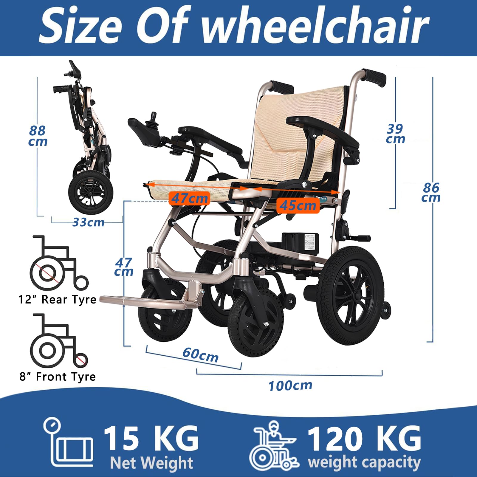 AMITD Silla de Ruedas Eléctrica Plegable Ligera 15Kg, Doble Control, Autonomía 20 km, Carga 120 kg, Todo Terreno, Doble Batería de Litio Extraíble, Certificación Aeronáutica, para Movilidad Reducida