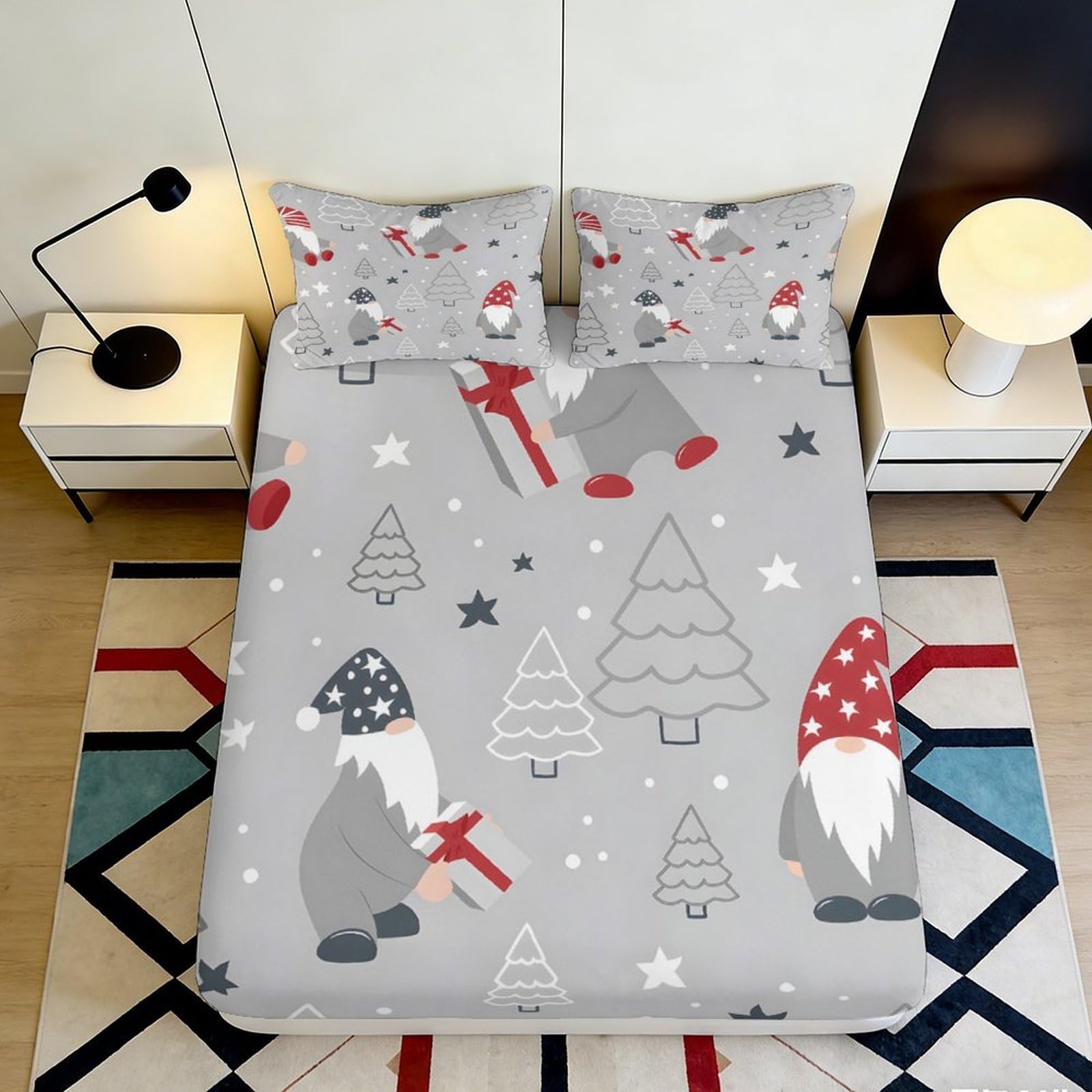 3D Printed Nordic Christmas Gnome Fitted Sheet Microfiber Soft Grey Holiday Tree Bed Cover for Bedroom Guest Room 90x200x25cm