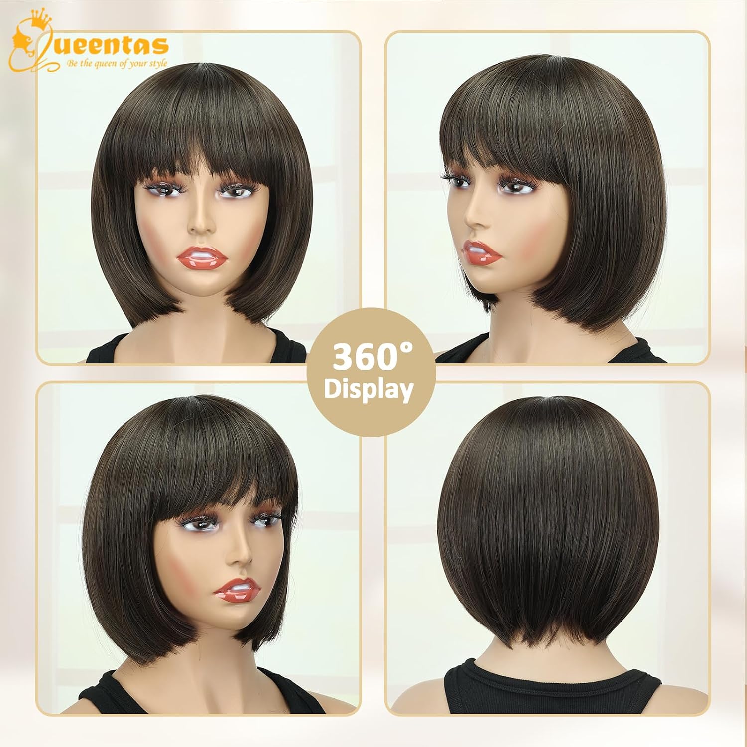 QUEENTAS Bob Wigs for Women Short Brown Wig Shoulder Length Straight Bob Wigs with Bangs Natural Looking Synthetic Glueless Wig for Daily Party(Dark Brown/#6