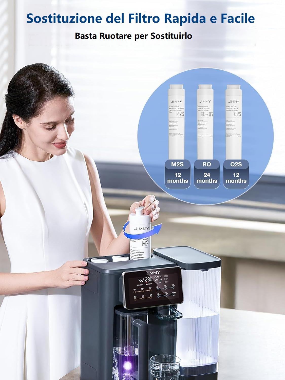 Jimmy R9 Purificatore d'acqua ad osmosi inversa Domestica per Controsoffitto Dispenser Acqua Calda 7 Fasi Filtrazione UV Riscaldamento 3S 7 Temperature Monitor TDS