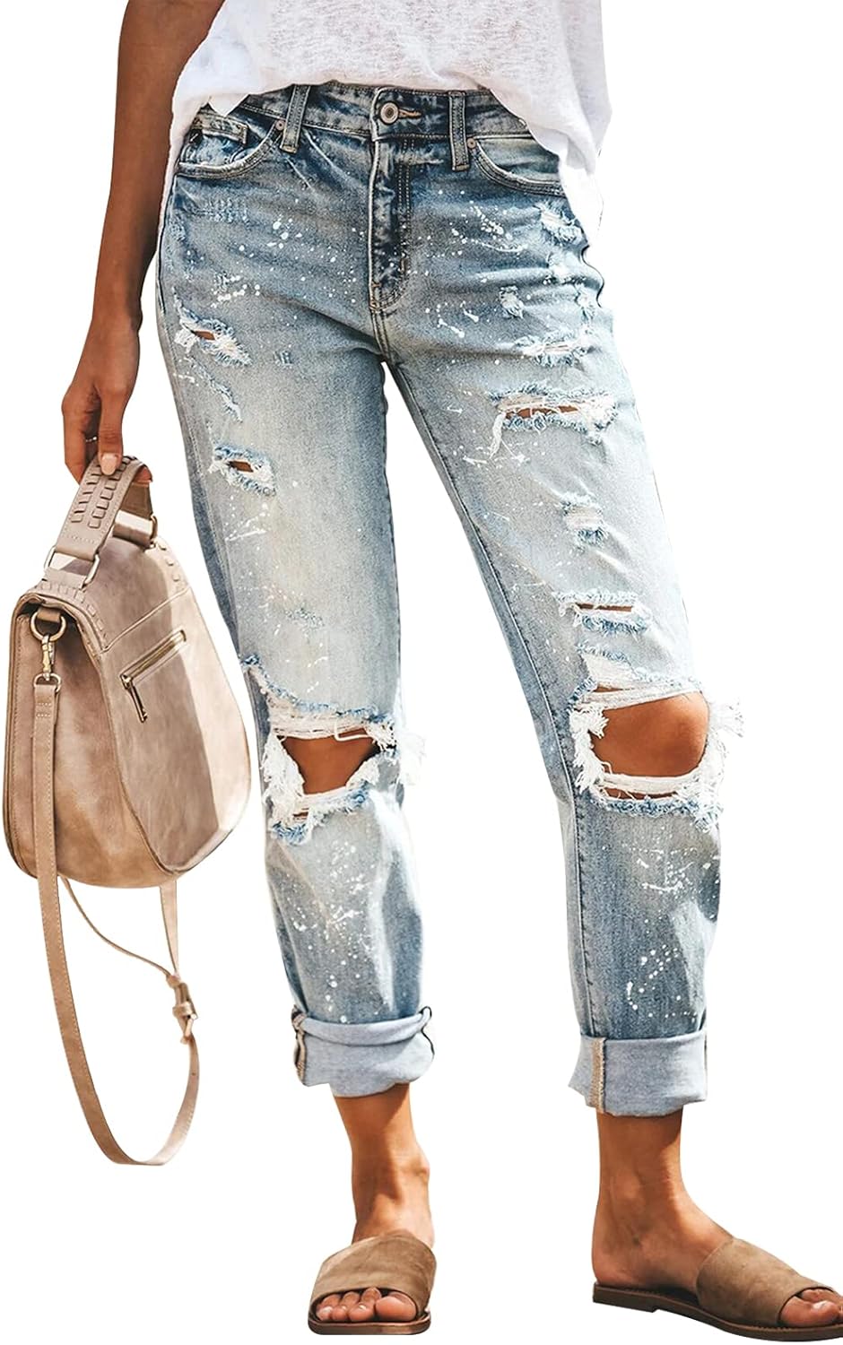 KUNMI Women's Ripped Mid Waisted Boyfriend Jeans Loose Fit Distressed Stretchy Denim Pants - Image 2