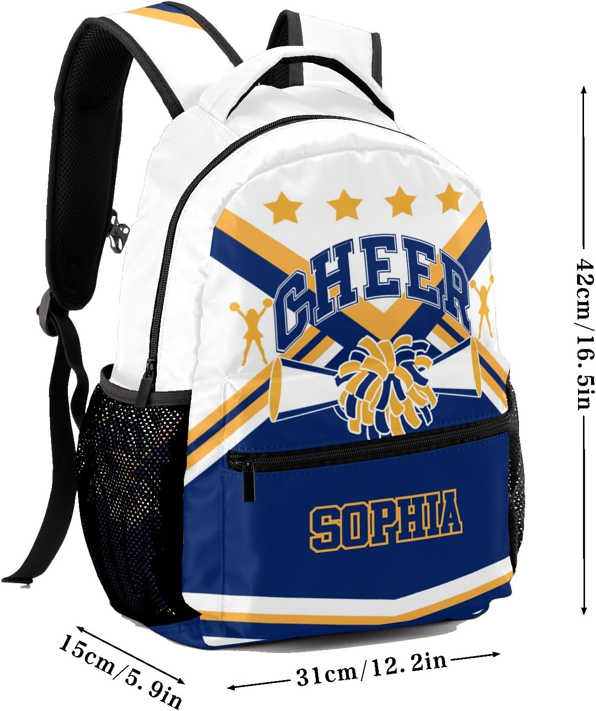 Custom Navy Blue Gold Cheerleader Personalized Causual Shoulder Bag Sports Leisure Camping Backpack for Women Men