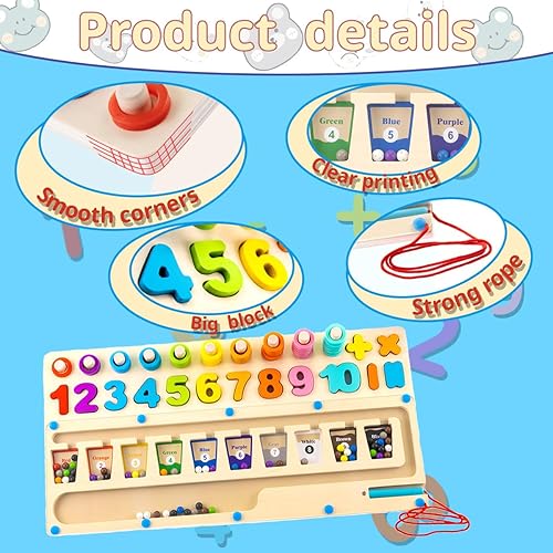 Miniatura 3 de Rompecabezas de madera tres en uno para niños pequeños, tablero de logaritmo de laberinto con bloques de forma matemática, bolígrafo magnético y