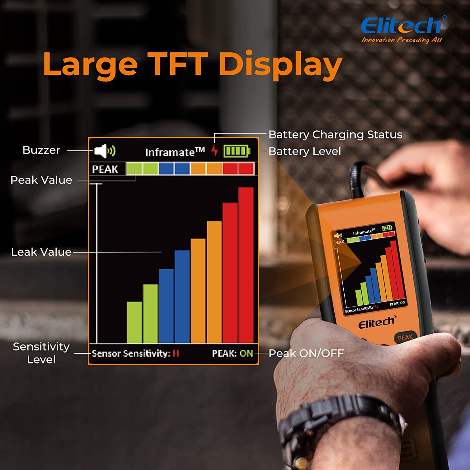 Elitech Détecteur de réfrigérant CO₂ Infrarouge - Moniteur de dioxyde de Carbone Portable Haute précision pour systèmes HVAC avec écran LCD et Alarme