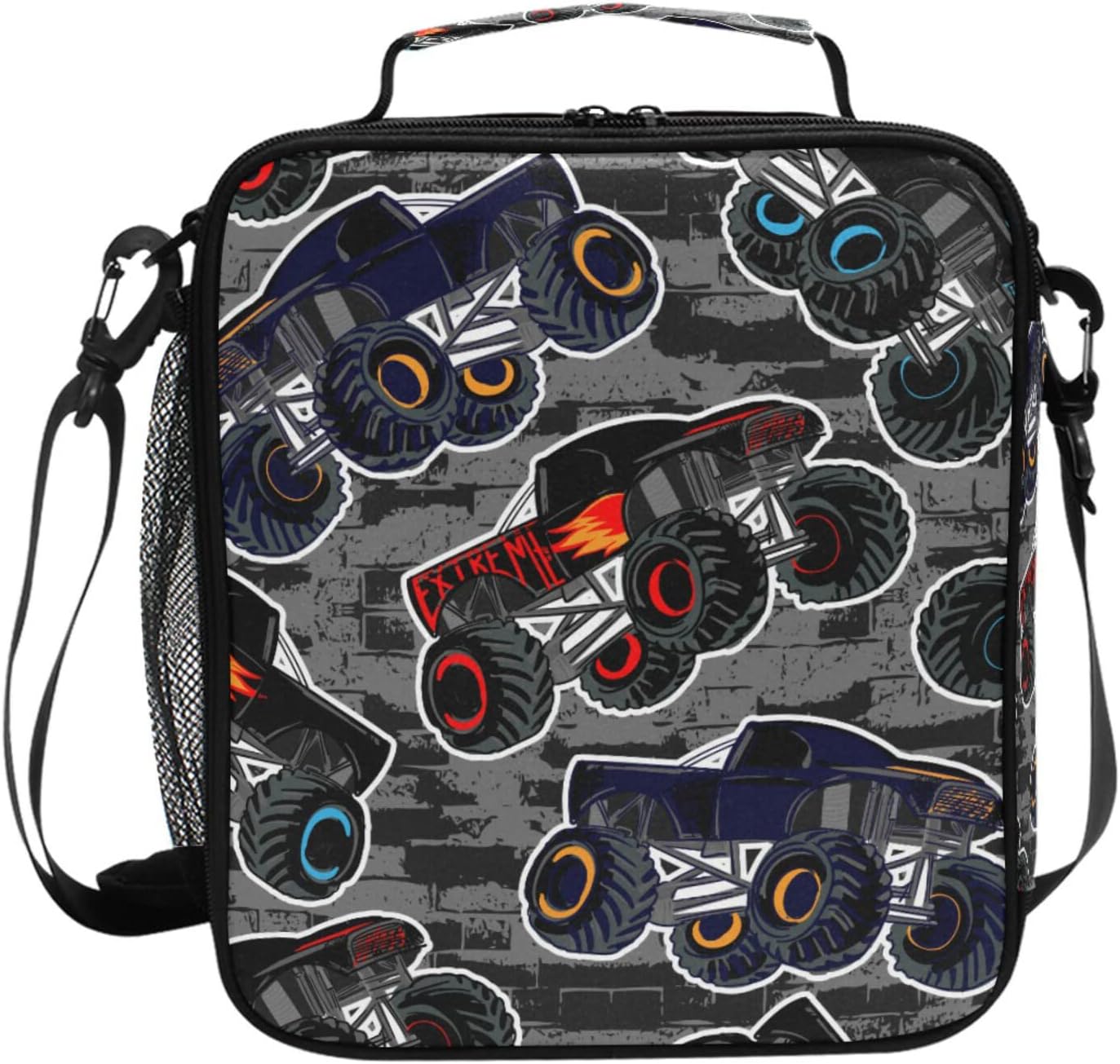 Kids Lunch Box Boys Girls Insulated Lunch Cooler Bag Cool Monster Truck Black Reusable Lunch Tote Kit for School Travel