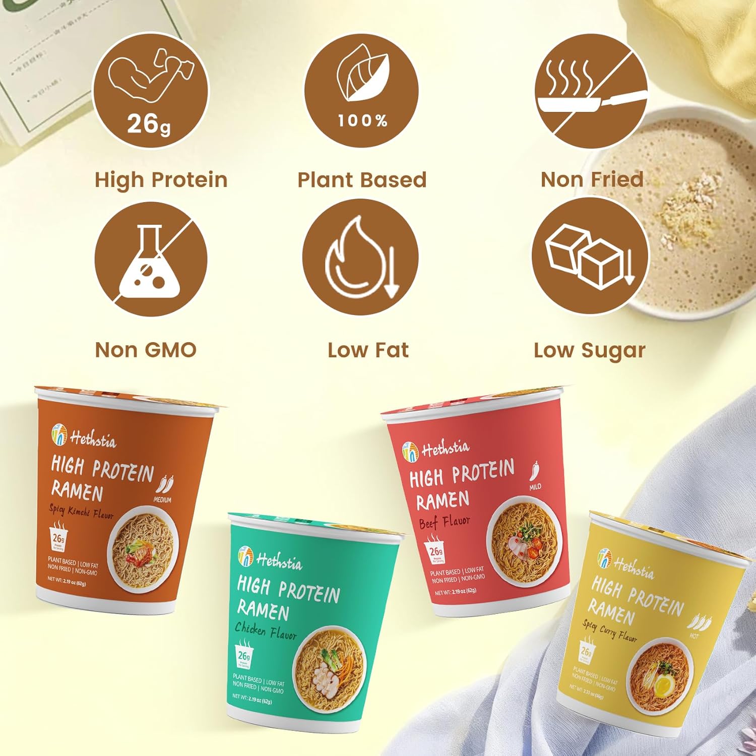 Hethstia High Protein (26g) Ramen Cup Noodles, 6 Count Plant-Based Vegan Noodle Variety Pack - Chicken, Spicy Beef, Kimchi, Curry | Non-Fried, Low Sugar, Low Fat | Ready to Eat, Healthy Asian Meal