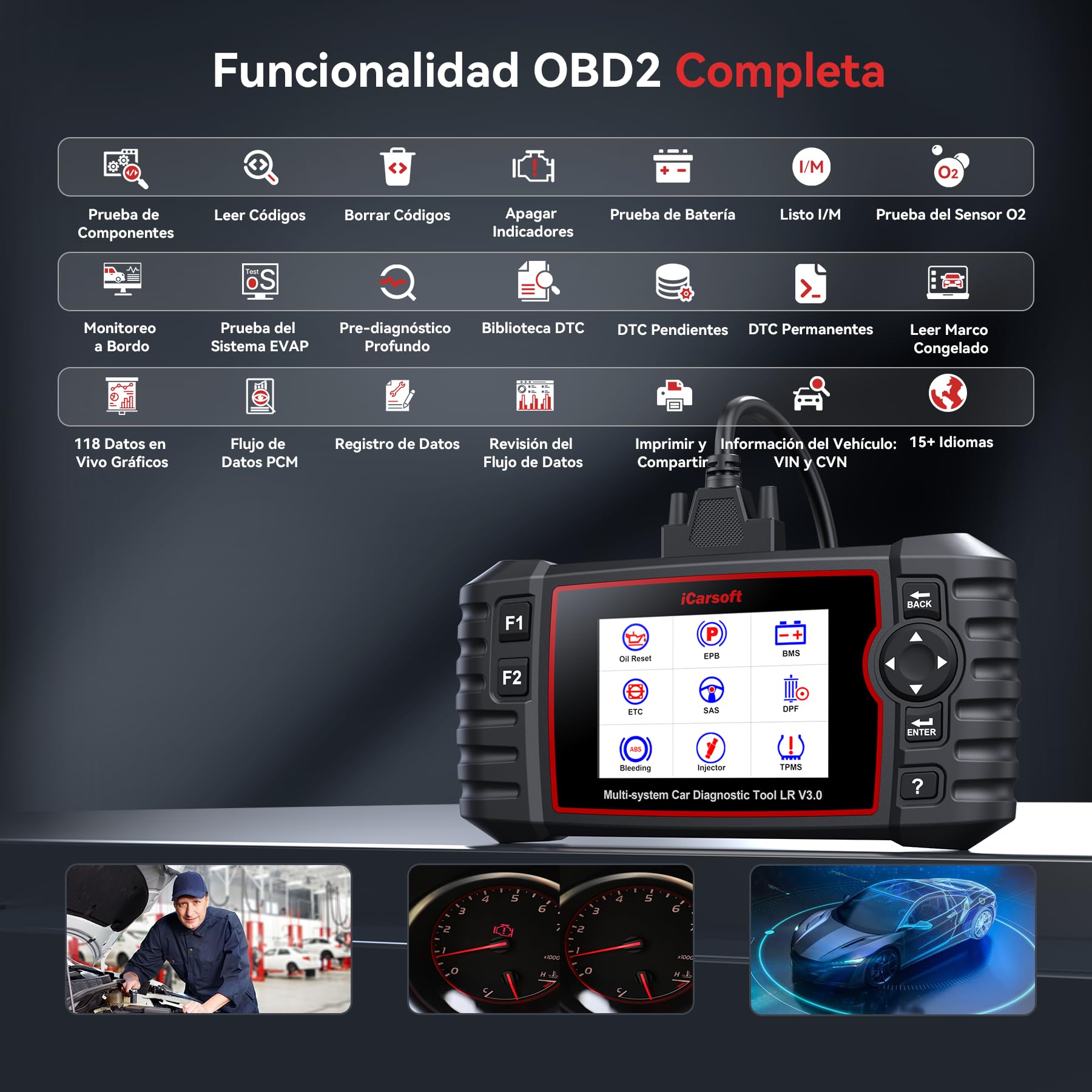 iCarsoft LR V3.0 OBD2 Máquina Diagnosis Coche para Land Rover/Jaguar, Bidireccional Escáner de Todo el Sistema, 37+ Funciones Reinicio, Prueba de Batería, Vin Automático, Actualizaciones de por Vida