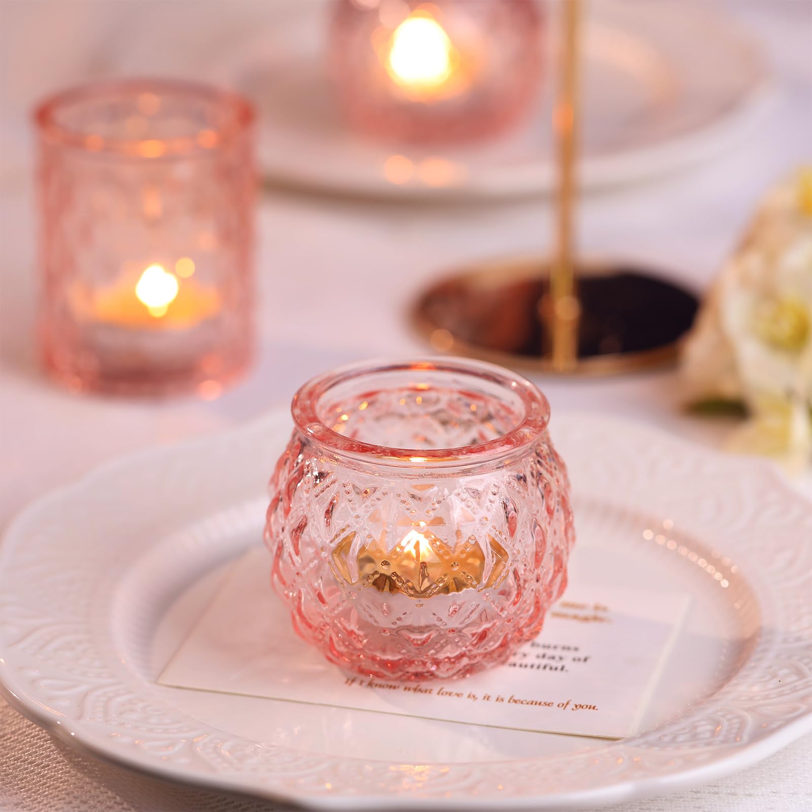 Votive Candle Holders 24 Pcs Glass - Assorted Ribbed Pink