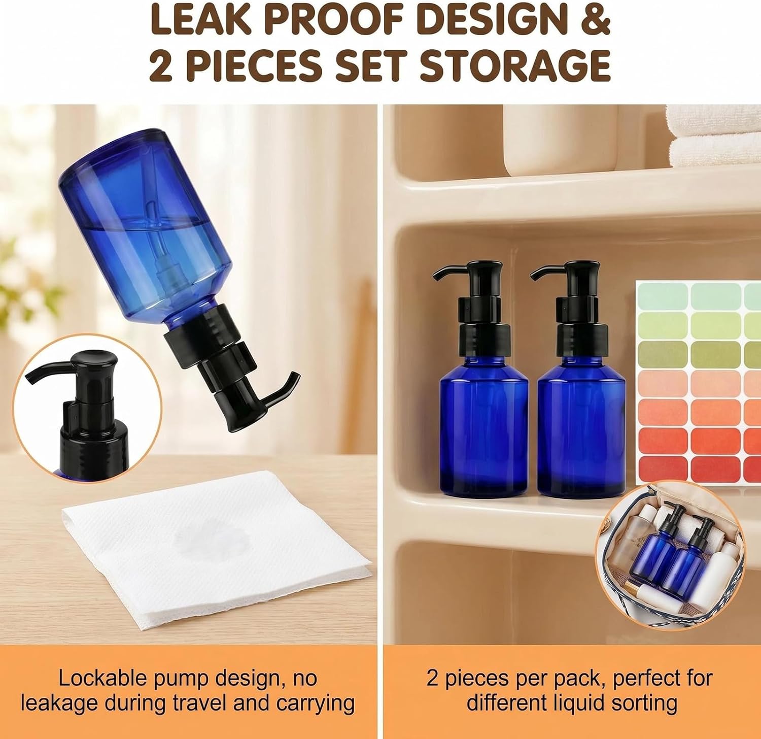 2Pcs 60ml Blue Glass Lotion Pump Bottles with Clip Lock & Sticker image 5