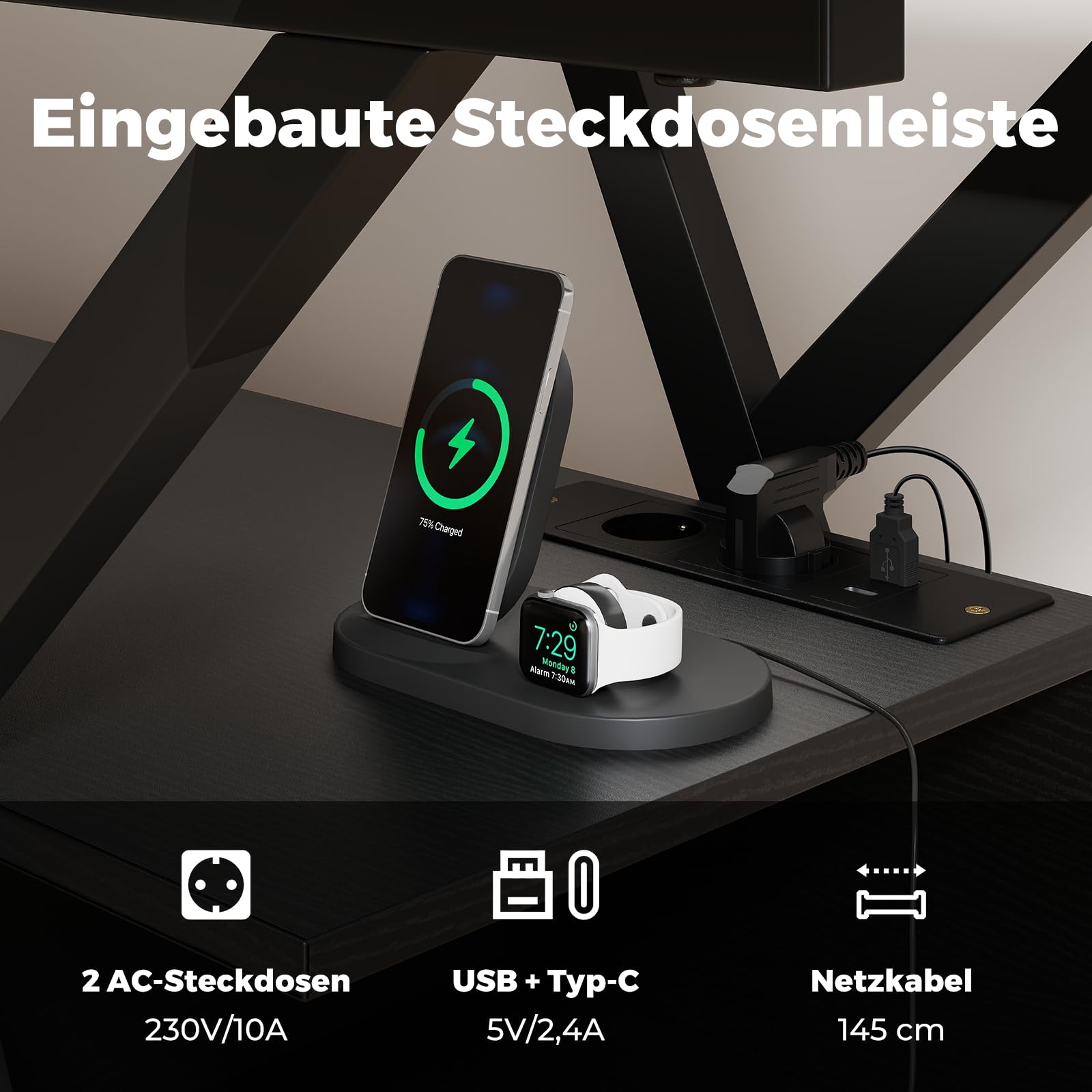 COSTWAY Stojak pod telewizor z diodami LED i gniazdem USB + gniazda typu C, szafka pod telewizor 65", 3-poziomowe centrum rozrywki, stolik konsolowy z półkami i szufladą z materiału (czarny)