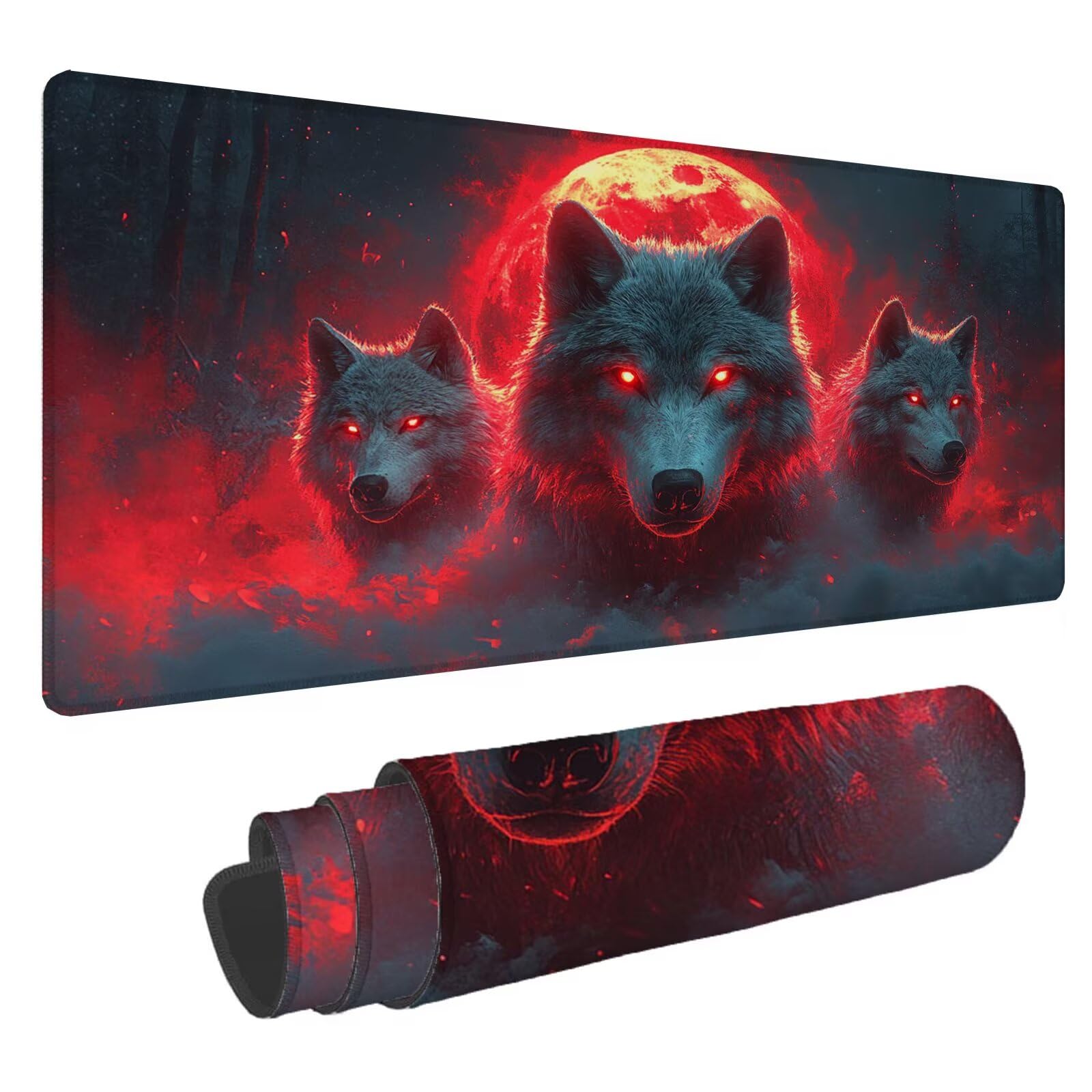 Podkładka pod mysz z wilkiem XXL Księżyc 1600 x 800 x 4 mm Podkładka pod mysz do gier, duża wodoodporna antypoślizgowa podkładka na biurko, podkładka pod mysz szyte krawędzie dla graczy, komputera,