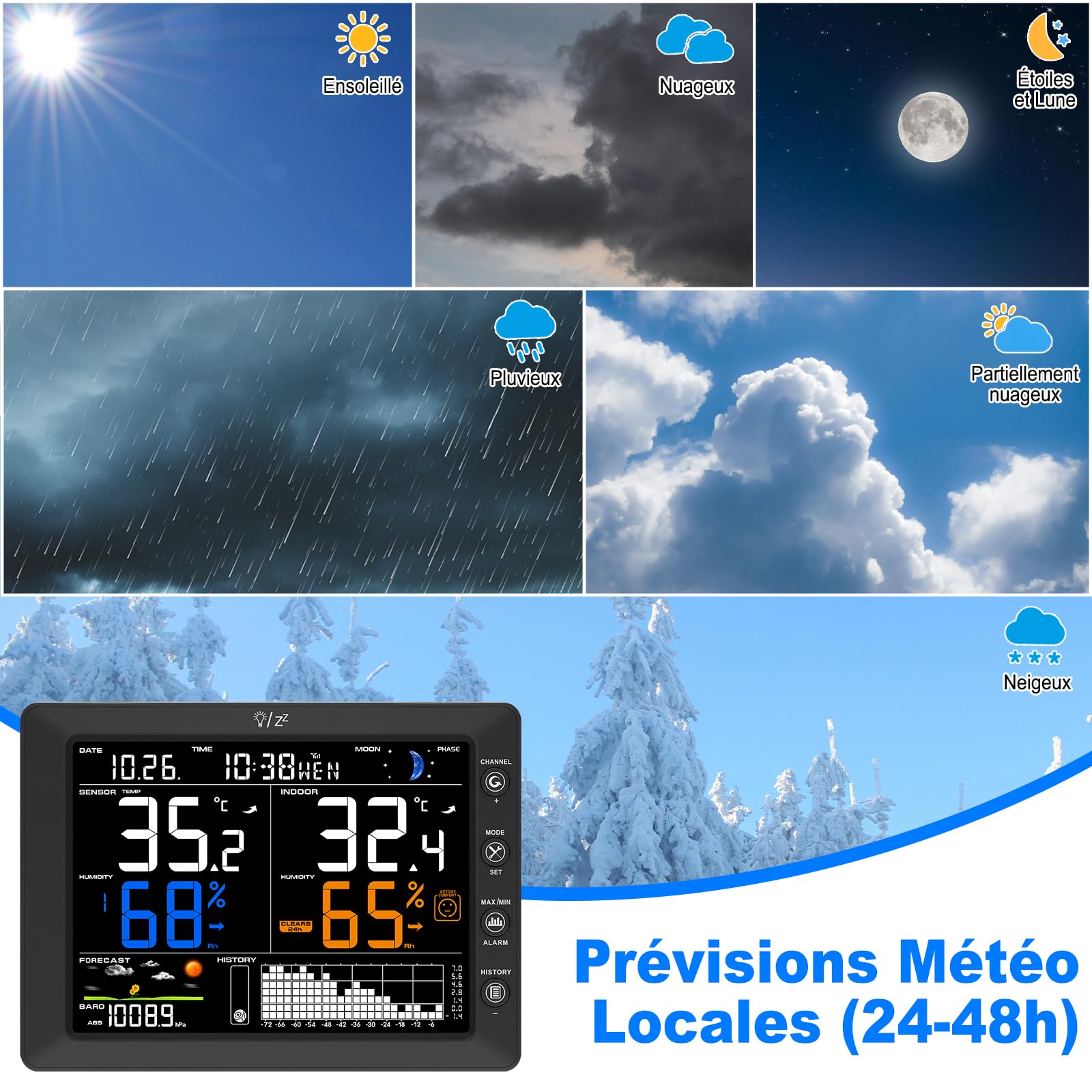 Urageuxy Station Météo Sans Fil avec Capteur Extérieur Écran Couleur 8,3"